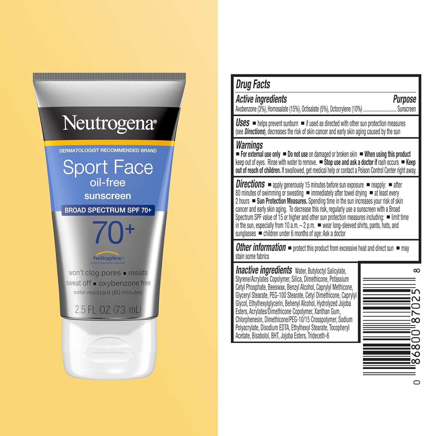 Neutrogena, Sport Face Sunscreen SPF 70+, Oil-Free, Sweat and Water-Resistant, Broad-Spectrum UVA/UVB, 2.5 Fl Oz - Image 8