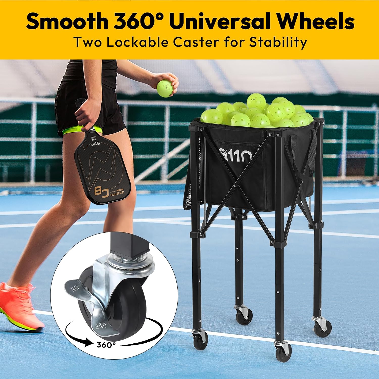 A11N Pickleball Tennis Ball Hopper - Sturdy Large Capacity Tennis Ball Basket Holds 120 Balls, Upgraded Pickleball Caddy Practice Equipment/Multifunction Pockets and Wheels for Training/Teaching - Image 5