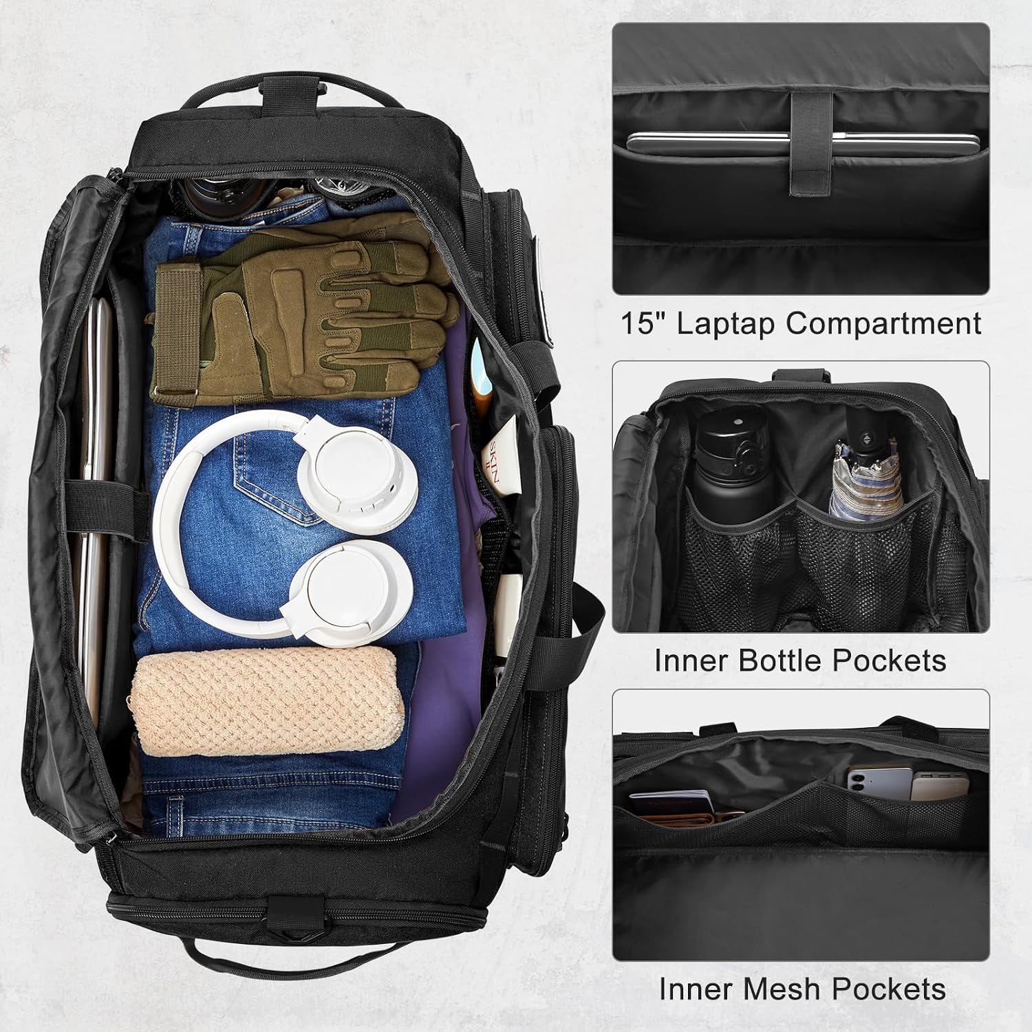 G4Free 3-in-1 Travel Duffle Bag for Men and Women, 50L Large Gym Sports Bags Tactical Military Duffle Backpack with Shoes Compartment and Wet Pocket (Black) - Image 3