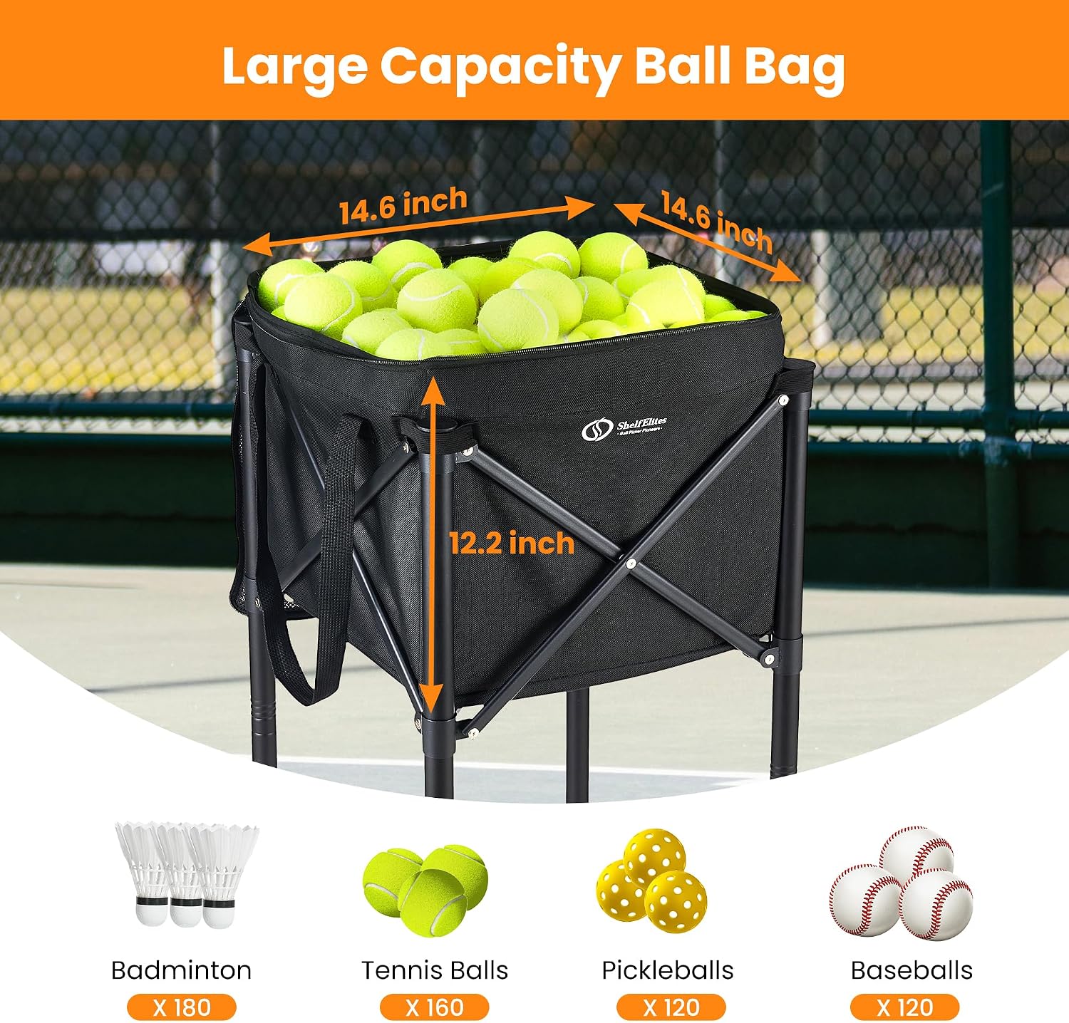 Portable Tennis Ball Hopper & Pickleball Basket, Foldable Tennis Ball Cart with Storage Bag, Multi-Sport Ball Collector for Training & Practice - Image 6
