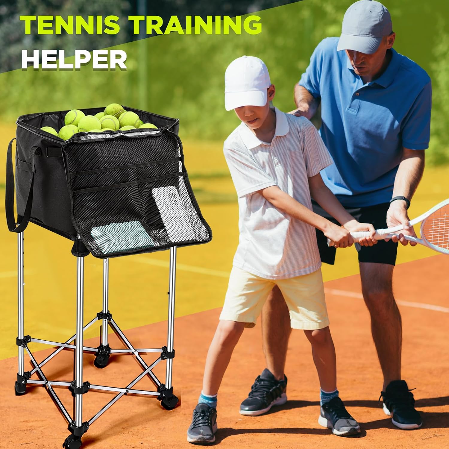 Aliceset Tennis Balls Hopper Tennis Ball Basket Picker Hopper Container with Side Pockets Lightweight Teaching Cart Bag for Picking and Storage Training Tool for Ball, Frame Not Included - Image 5