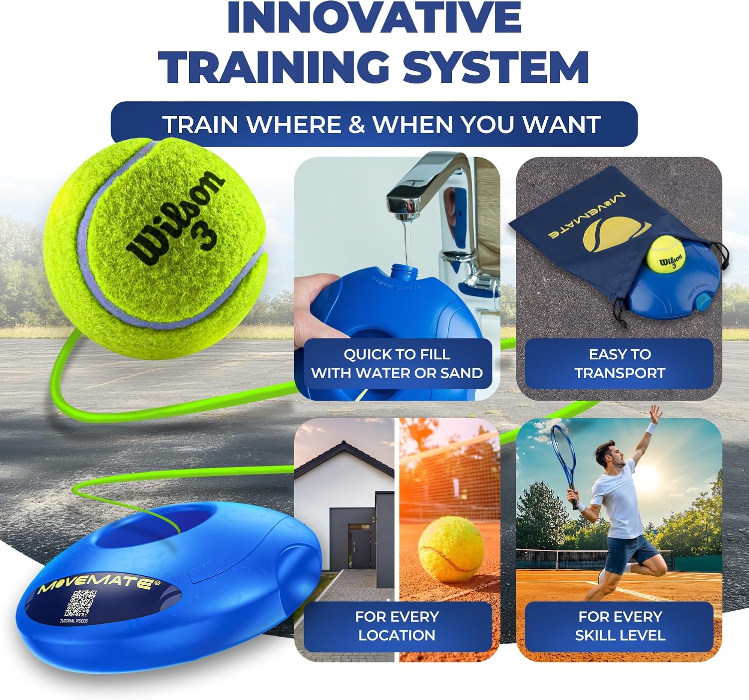 MOVEMATE Tennis-Trainer Set with Wilson® Tennis Ball | Innovative Ball Game for Outdoors, in The Garden, in The Park for Children & Adults | Incl. Transport Bag & Exercise Videos - Image 5