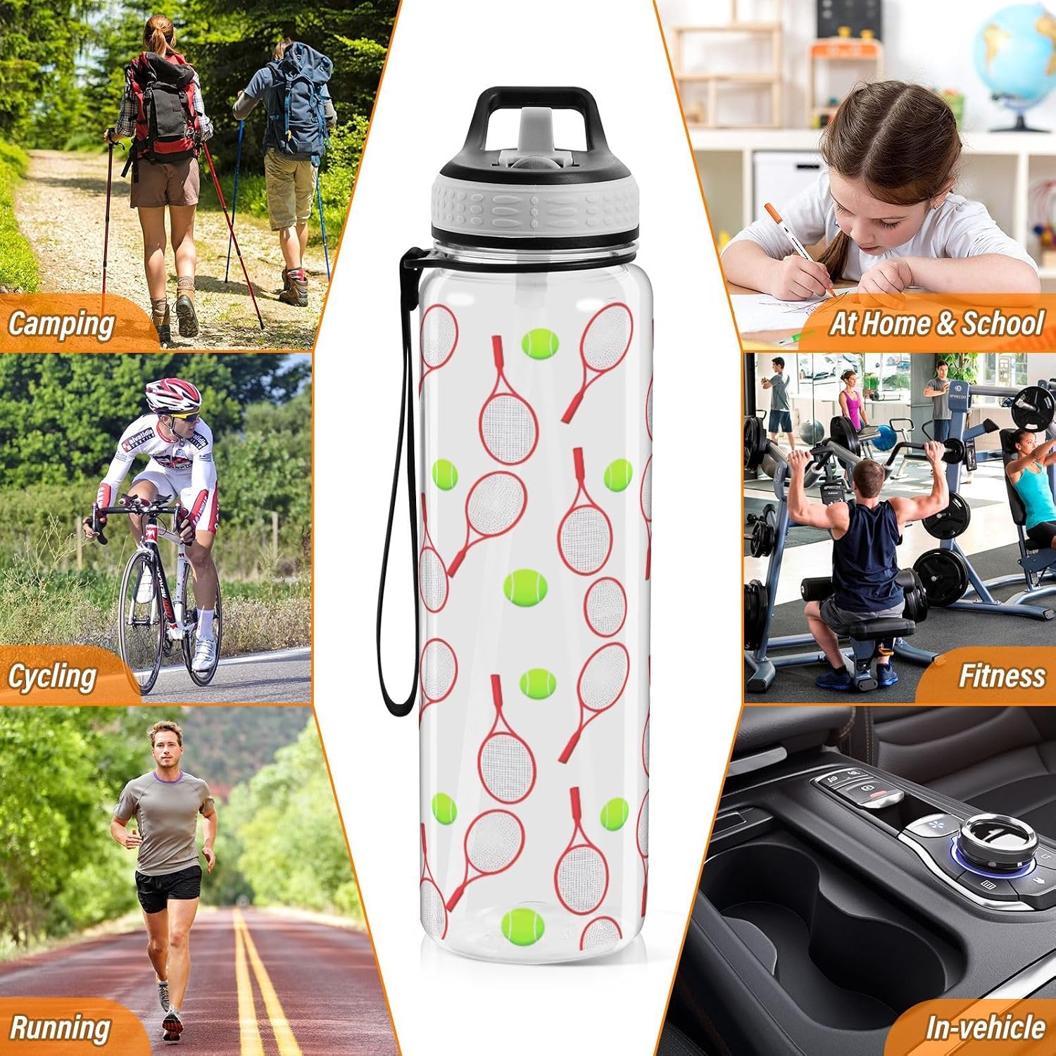 Tennis Balls Clear Water Bottle 32 Oz, Tritan Plastic Water Bottle with Straw, BPA-Free, Wide Mouth Leakproof Sports Water Bottles - Image 7