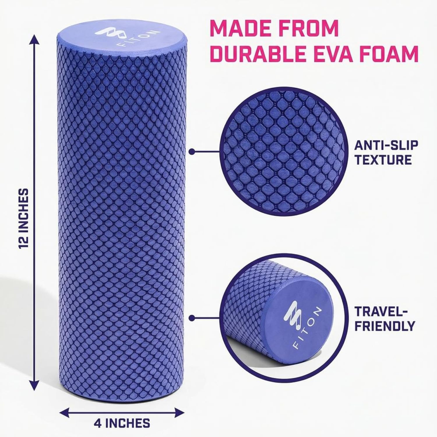 FitOn Foam Roller for Muscle Recovery - Compact and Portable, High-Density Foam Roller for Back Massage & Deep Tissue Relief and Home Exercise, Ideal for Use on Neck & Leg Soreness, 12"x4", Purple - Image 3
