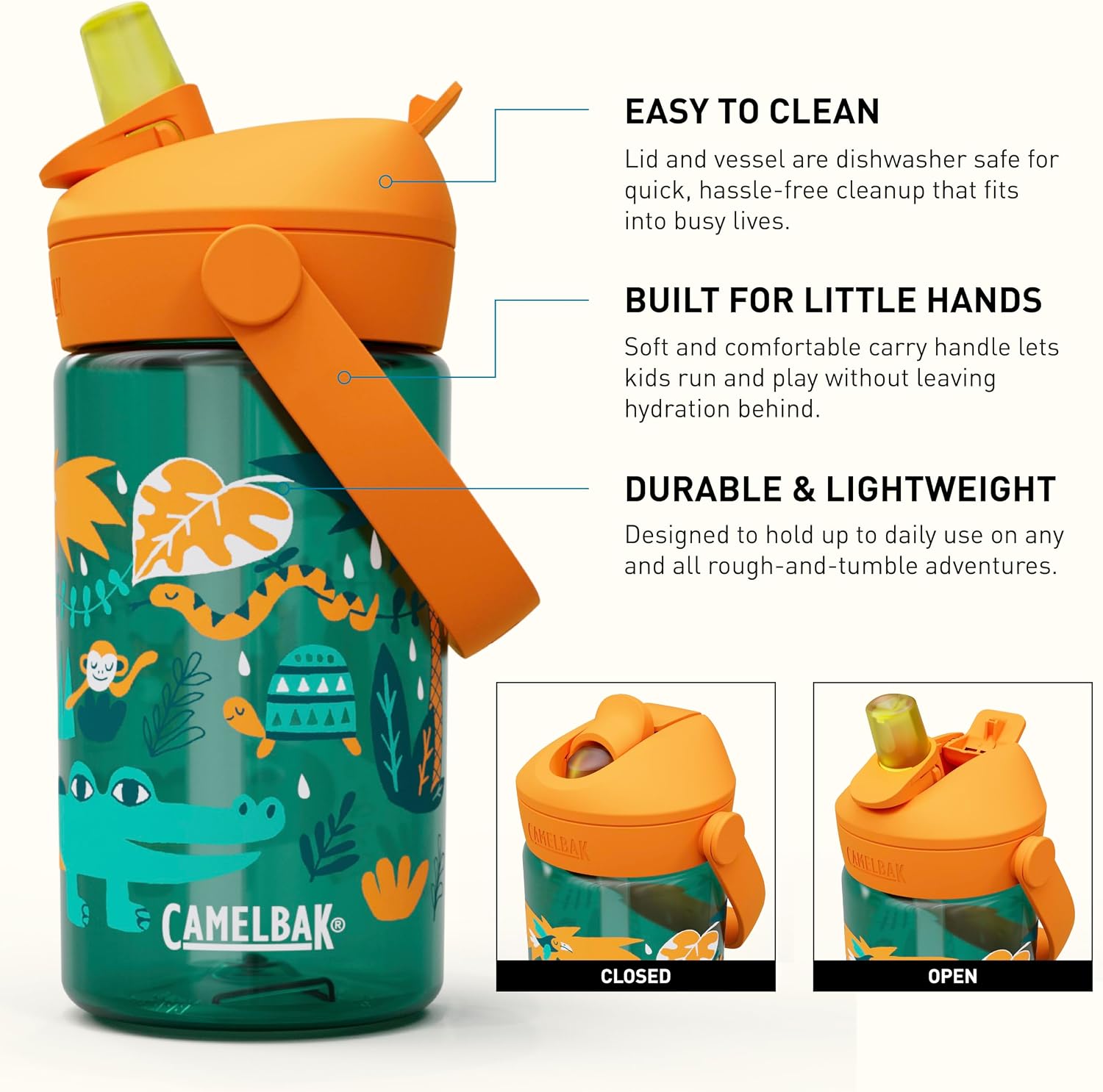 CamelBak Thrive Flip Straw Kids Water Bottle with Bite Valve, Tritan Renew Design for School and Travel, 14oz, Jungle Animals - Image 3