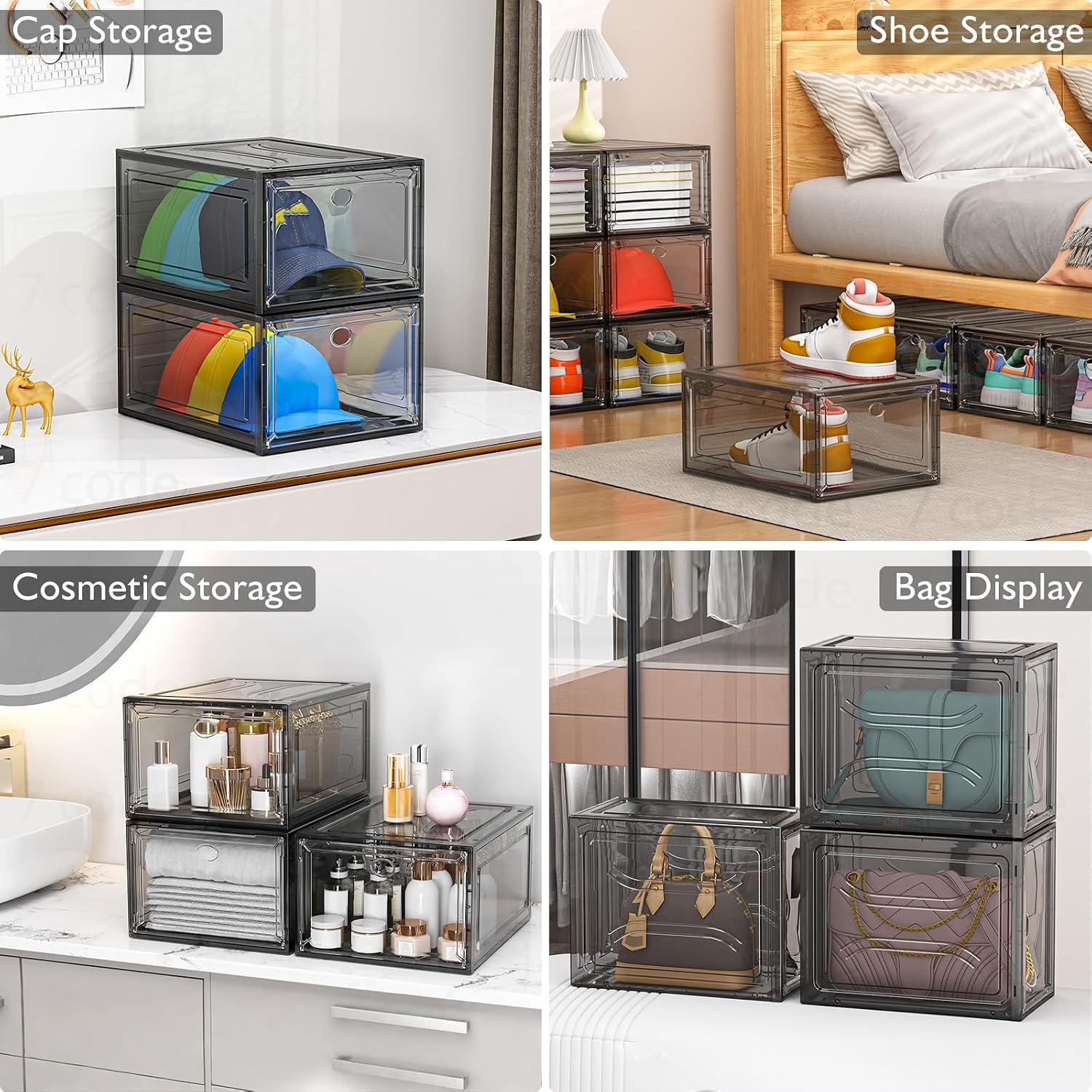 7 code Thicken & Sturdy Clear Shoe Storage Organizer with Magnetic Door, Stackable Boxes for Closet, Foldable Shoe Rack for Sneaker Boot Container, Plastic Shoe Cabinet Shoe Box 6 Pack, Black - Image 6