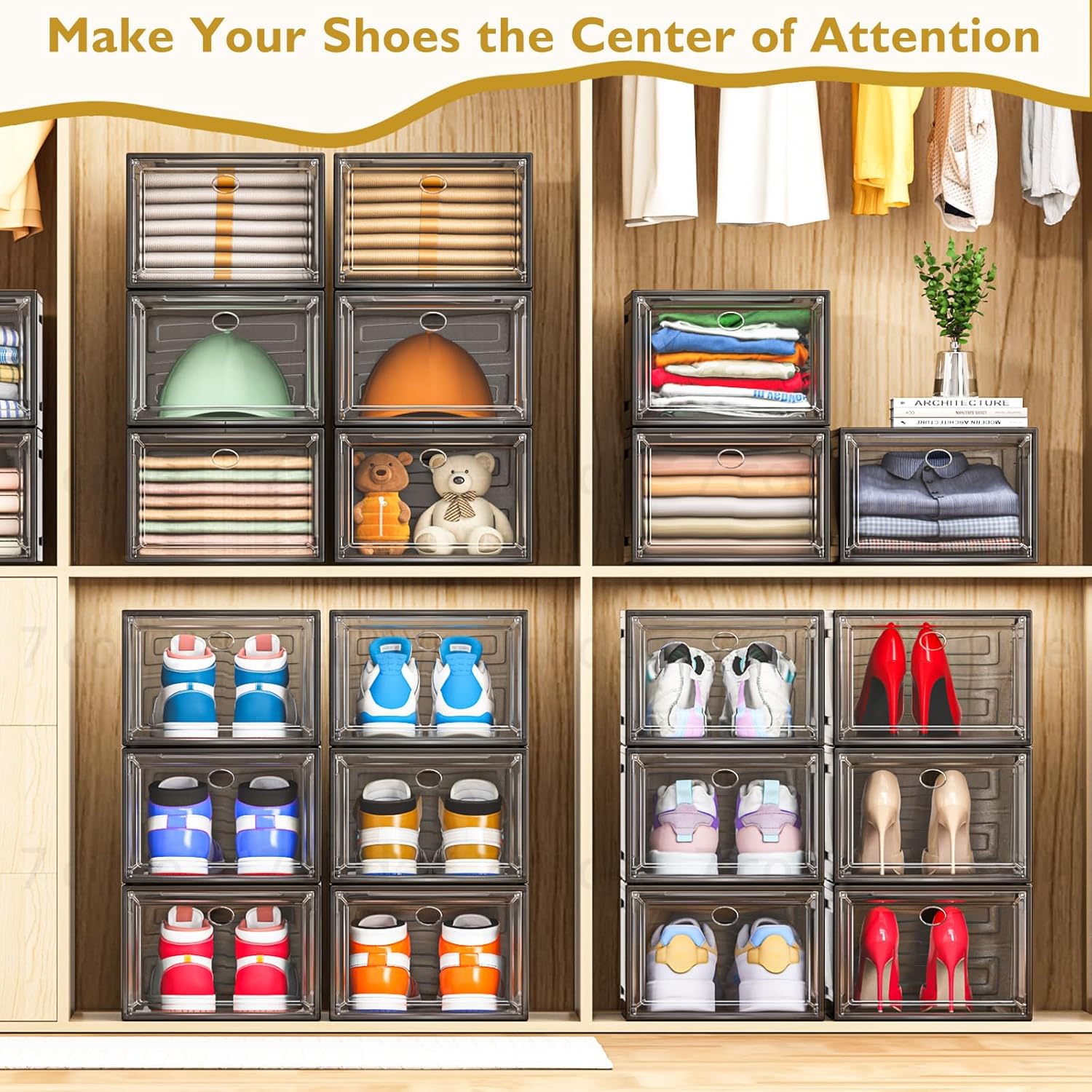 7 code Thicken & Sturdy Clear Shoe Storage Organizer with Magnetic Door, Stackable Boxes for Closet, Foldable Shoe Rack for Sneaker Boot Container, Plastic Shoe Cabinet Shoe Box 6 Pack, Black - Image 7