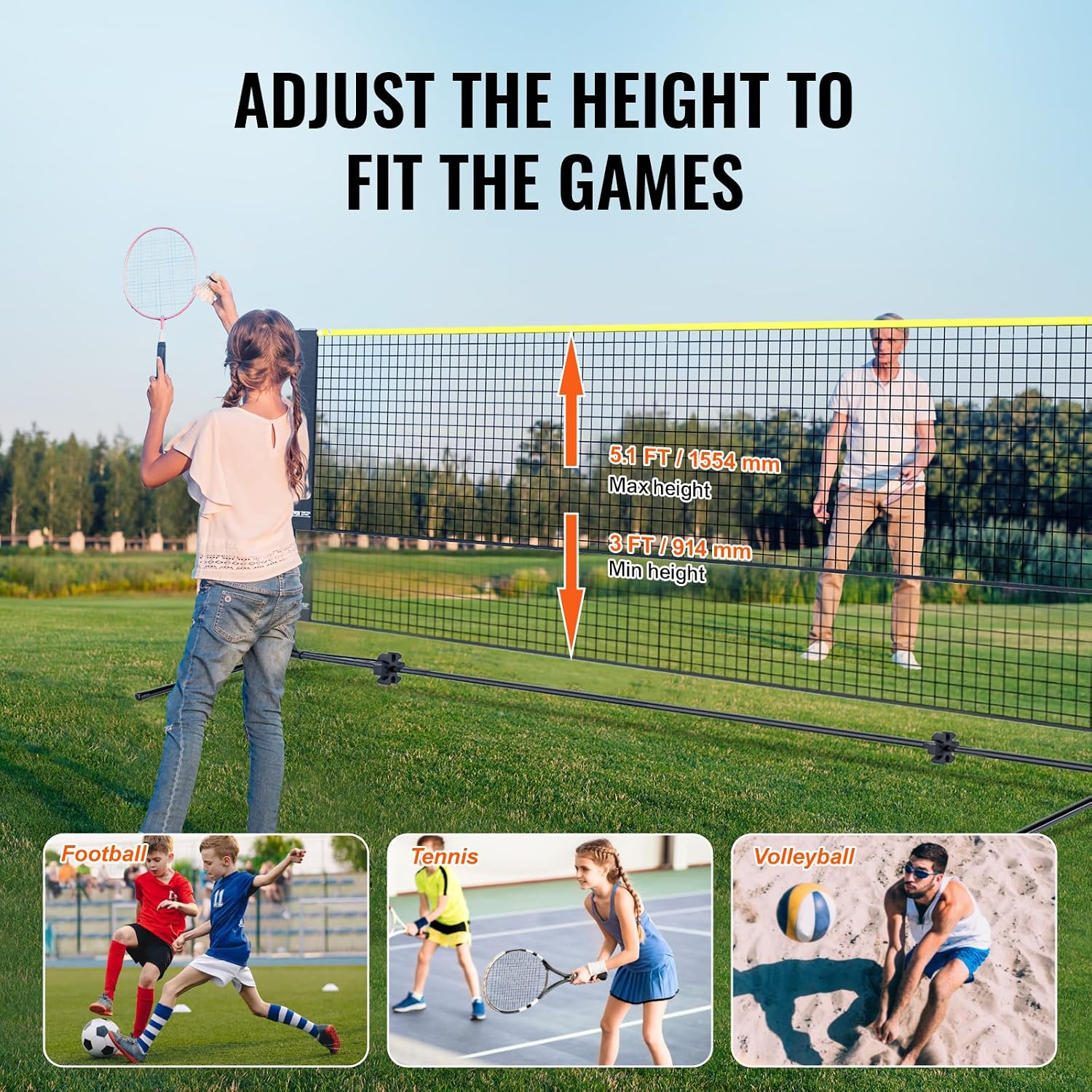 VEVOR Badminton Net, Height Adjustable Volleyball Net, Wide Foldable Pickleball Net, Portable Easy Setup Tennis Net Set with Poles, Stand and Carry Bag, for Kids Backyard Game Indoor Outdoor Use - Image 5