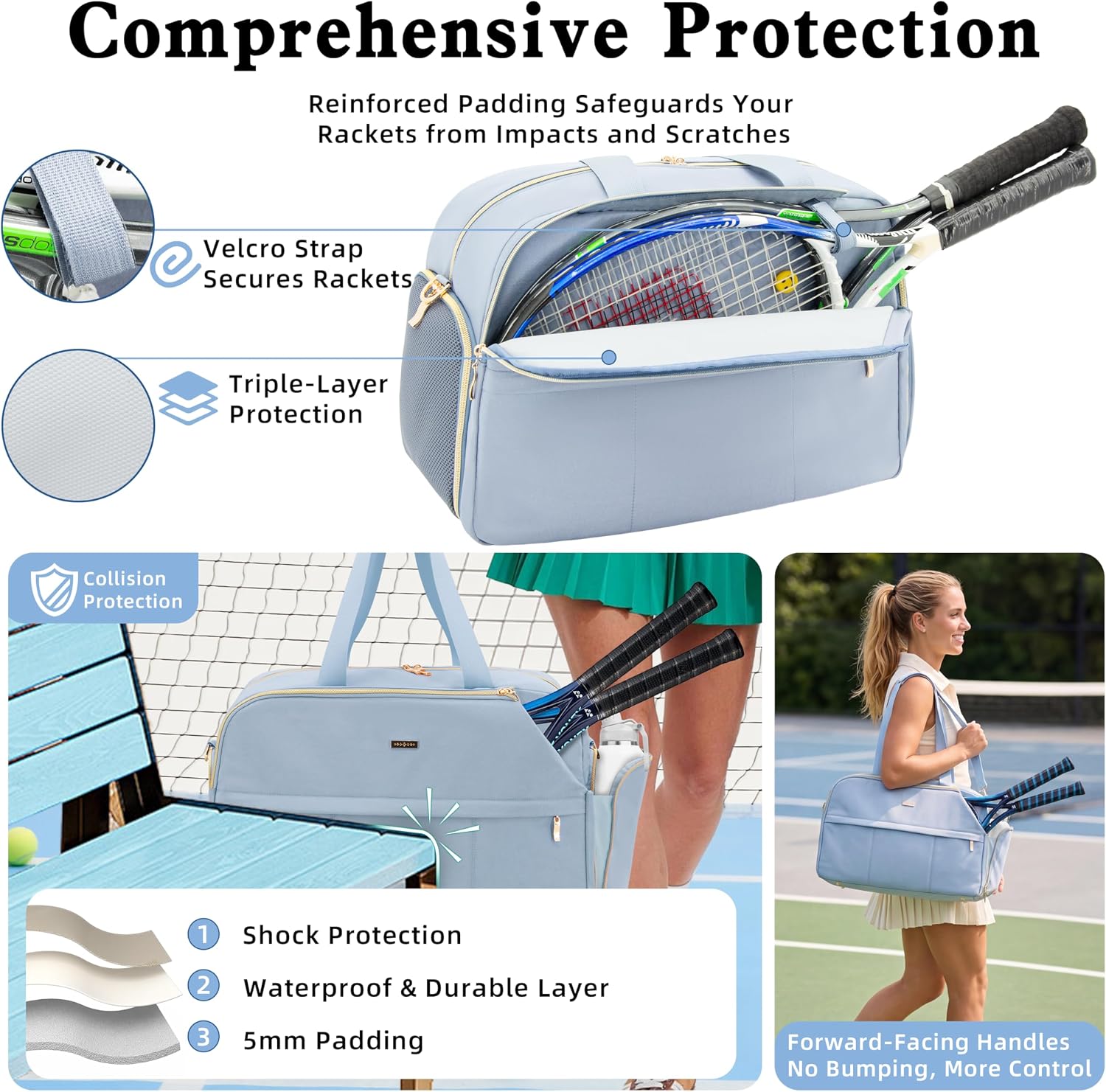 Tennis Bag for Women with Shoe Compartment, Large Tennis Racket Bag Fits 2 Racquets, Pickleball Gym Sports Tote with Shoulder Strap & Water Bottle Pocket - Image 3