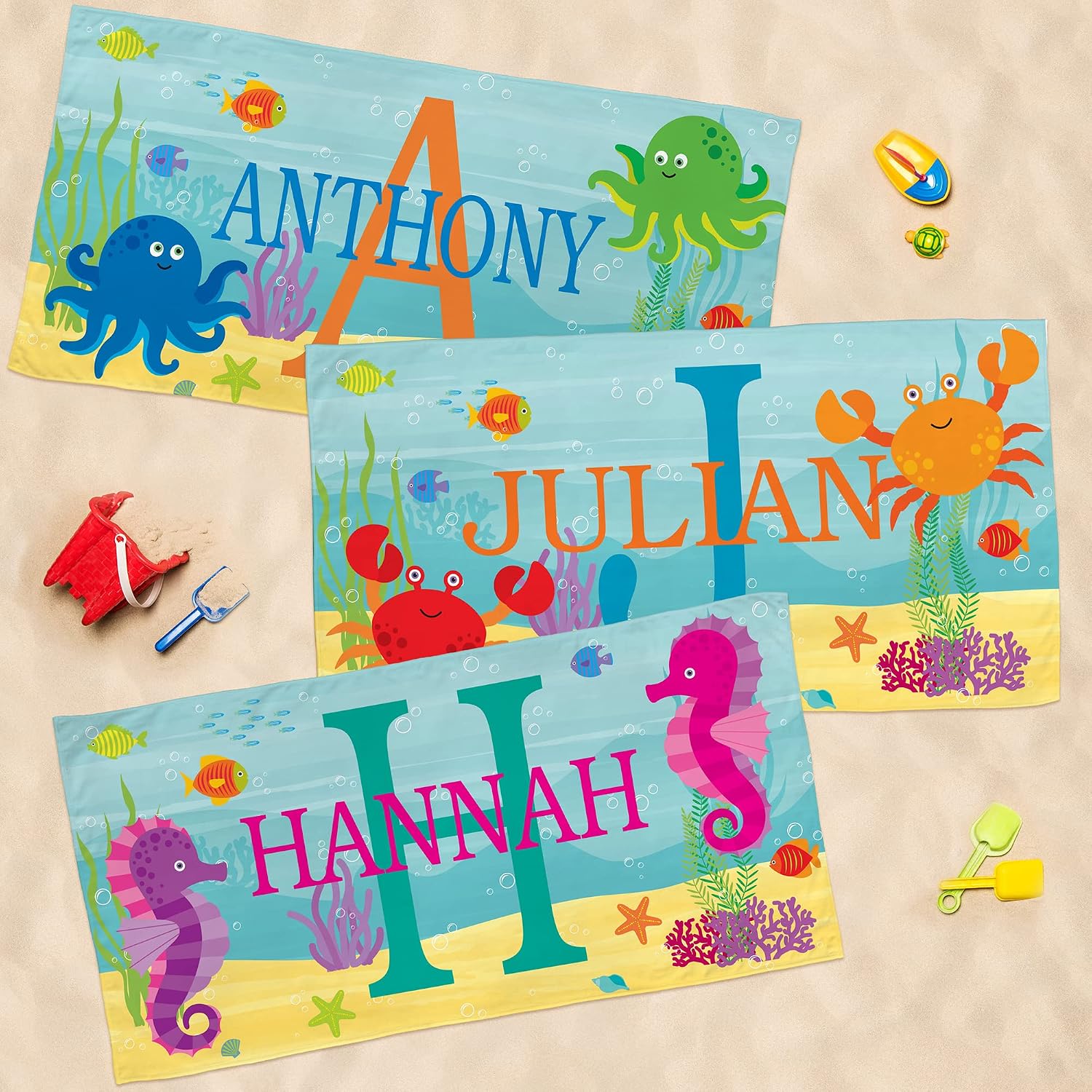 Let's Make Memories Personalized Kids Beach Towel - Custom Monogram & Name with Fun Beach Designs - Soft Cotton/Poly Blend - 60"x30" - Name and Initial Monogram - Standard Size - Crab - Image 9
