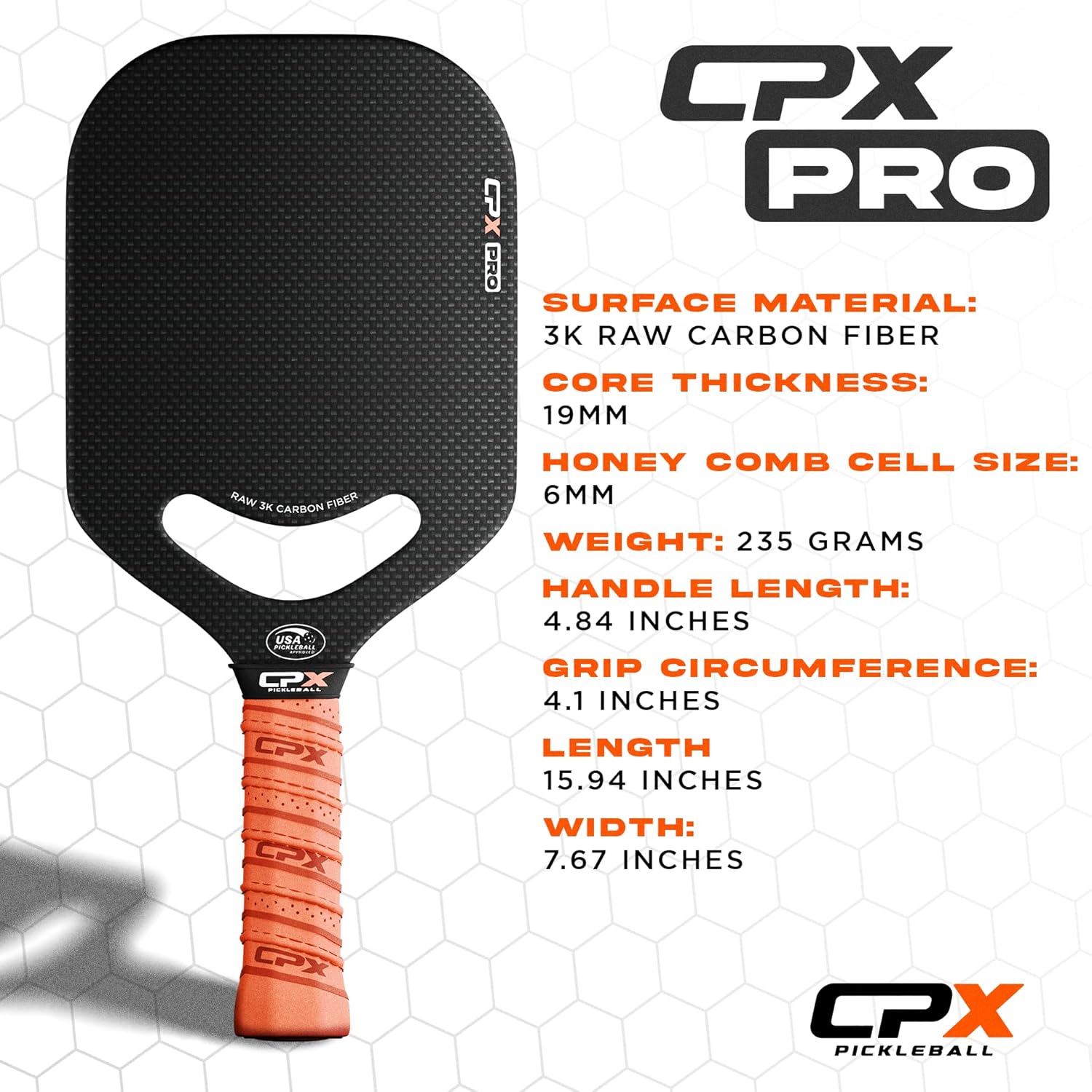 CPX Pro Carbon Fiber Pickleball Paddle - Professional Grade, Matte Finish, Honeycomb Core, Tennis Style Grip - Edgeless Paddle Designed in Chicago, USA - Image 5