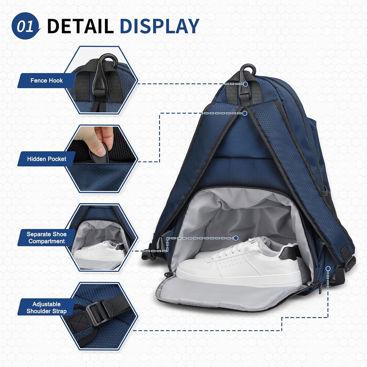 Tennis Backpack for Rackets, Waterproof Tennis Bag with Shoe Compartment, Wet/Dry Pocket, Fence Hook, for Tennis, Pickleball, Badminton - Image 4