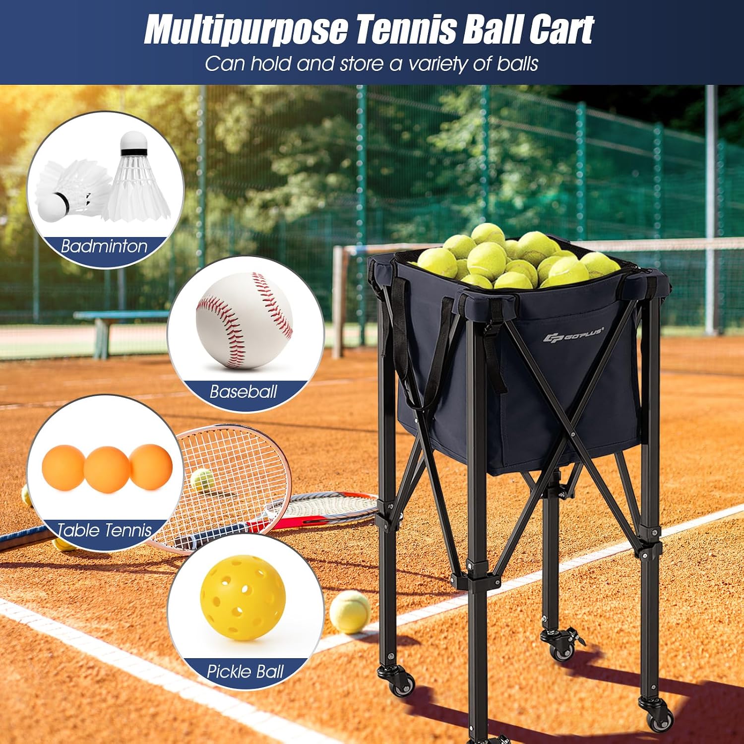 Goplus Foldable Tennis Ball Hoppers, Lightweight Aluminum Tennis Ball Basket with Wheels, Removable Bag, Side Pockets, Carry Bag, Portable Sports Teaching Cart Holds 150 Tennis Balls (Blue) … - Image 5
