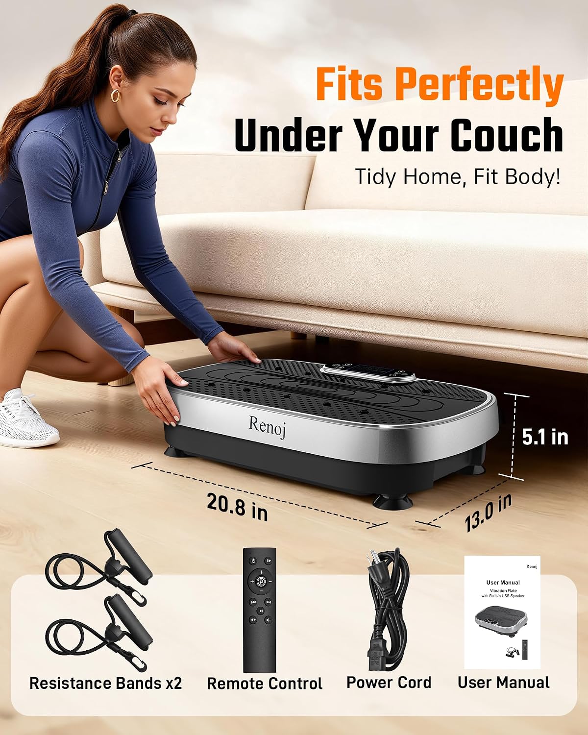 Renoj Vibration Plate Exercise Machine, 3D Whole Body Vibration Platform for Lymphatic Drainage and Muscle Recovery, 455-lb Capacity Fitness Machine with Bluetooth Speaker and LED Display for Home Gym - Image 8