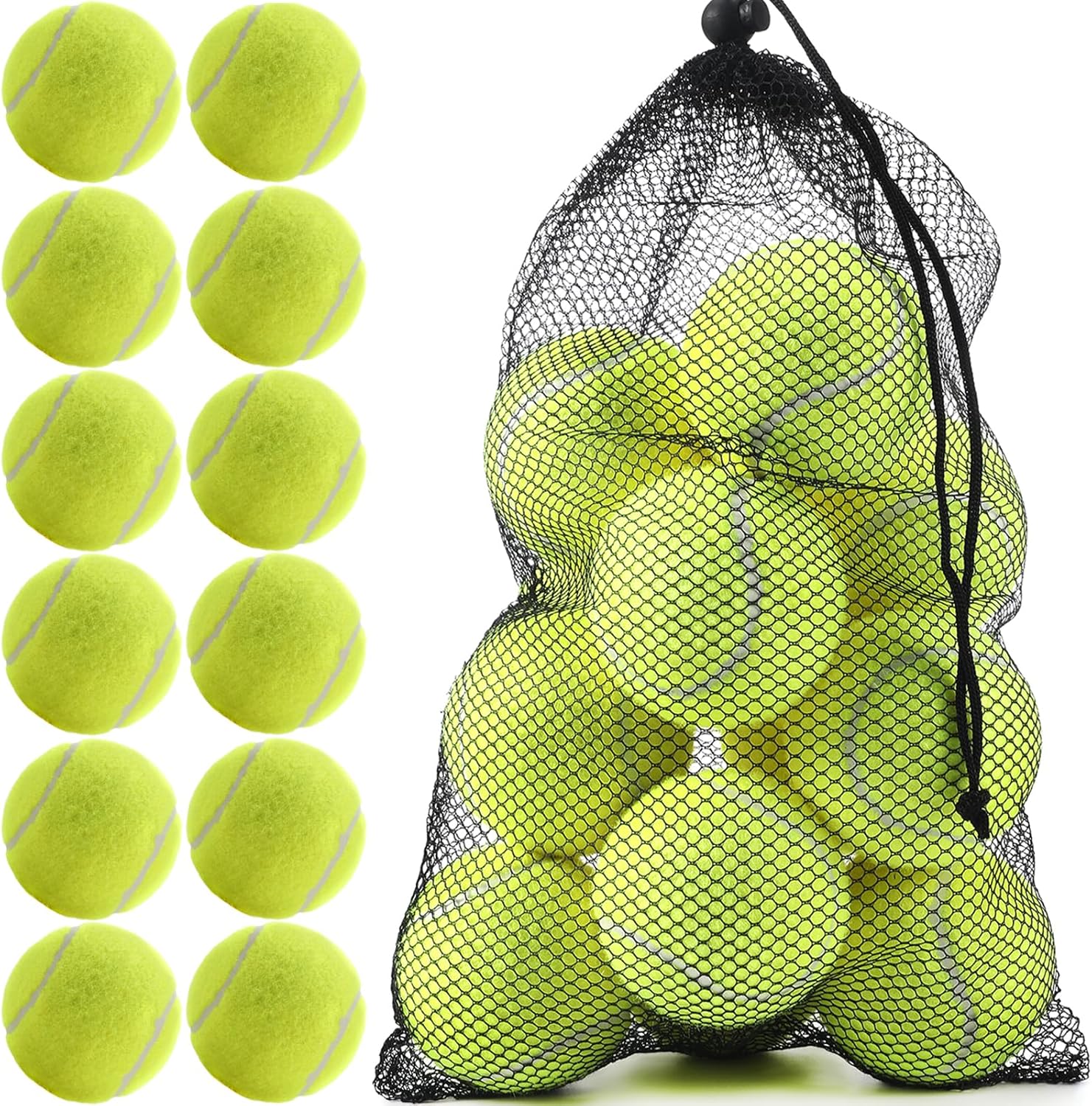 INSUM Bulk Tennis Balls, 12 Pack Extra Duty Practice Balls with Mesh Bag | High Bounce Rubber Core, Soft Felt, Beginner Practice, Dog Fetch Training, Outdoor Play
