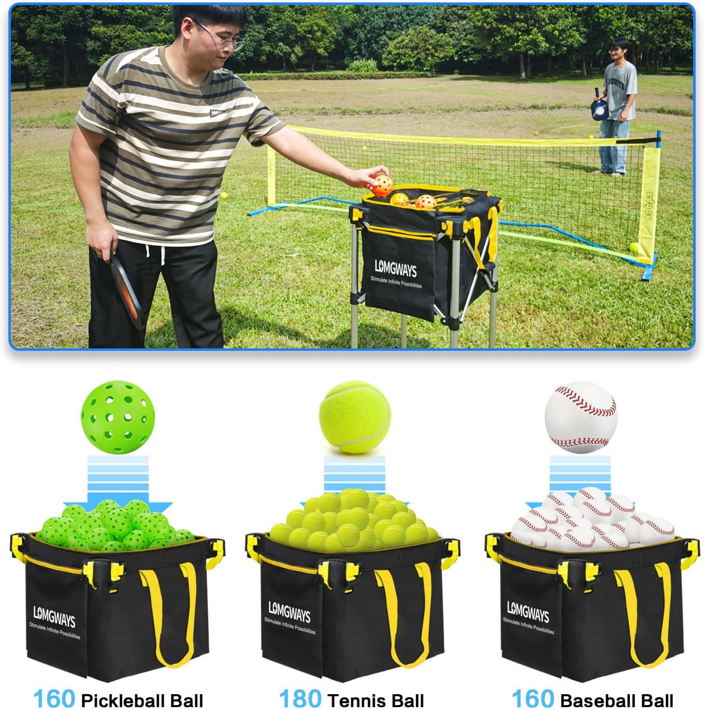 Pickleball Tennis Hopper–Foldable Cart Holds 180 Tennis/160 Pickleballs | Large Capacity |Lightweight with Wheels | Removable Bag| Side Pocket | Multi-Sport Use - Image 6