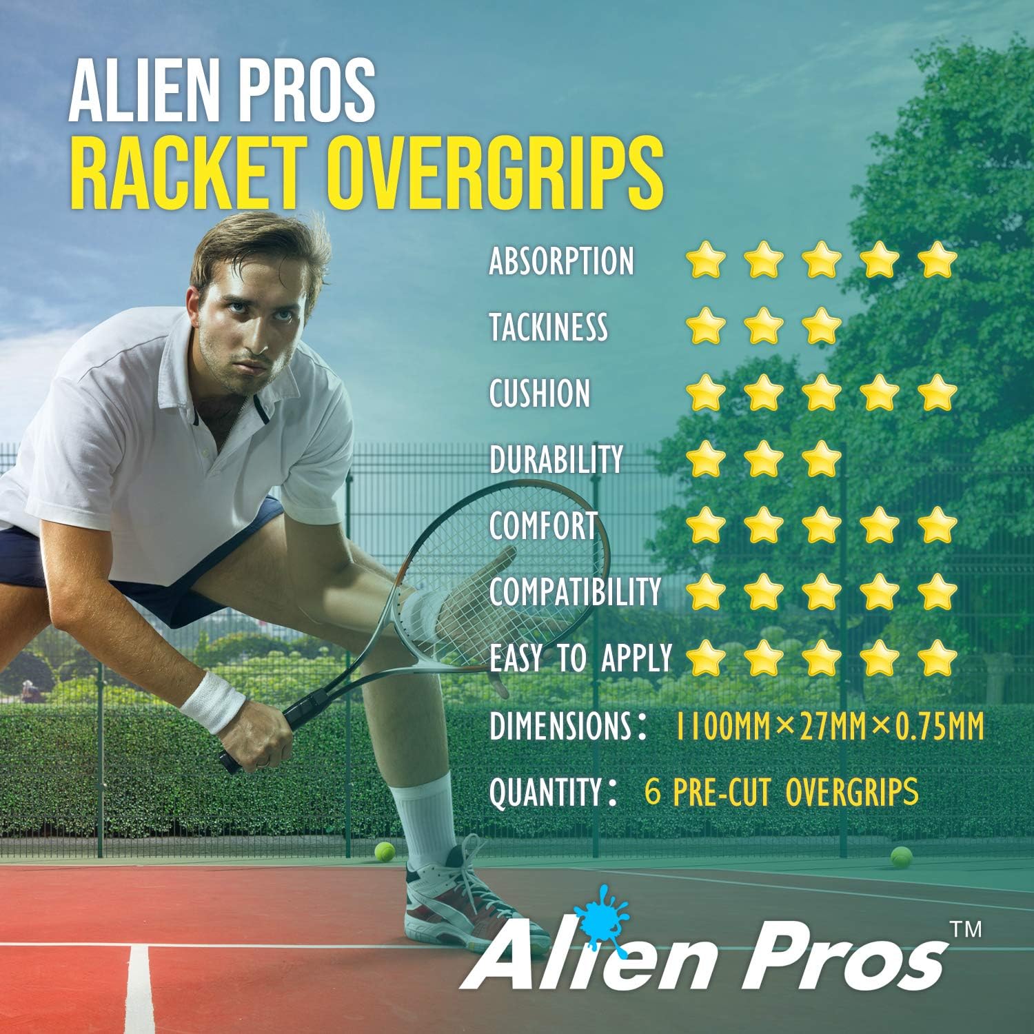 ALIEN PROS Tennis Racket Grip Tape - Precut and Dry Feel Tennis Grip - Tennis Overgrip Grip Tape Tennis Racket - Wrap Your Racquet for High Performance - Image 6