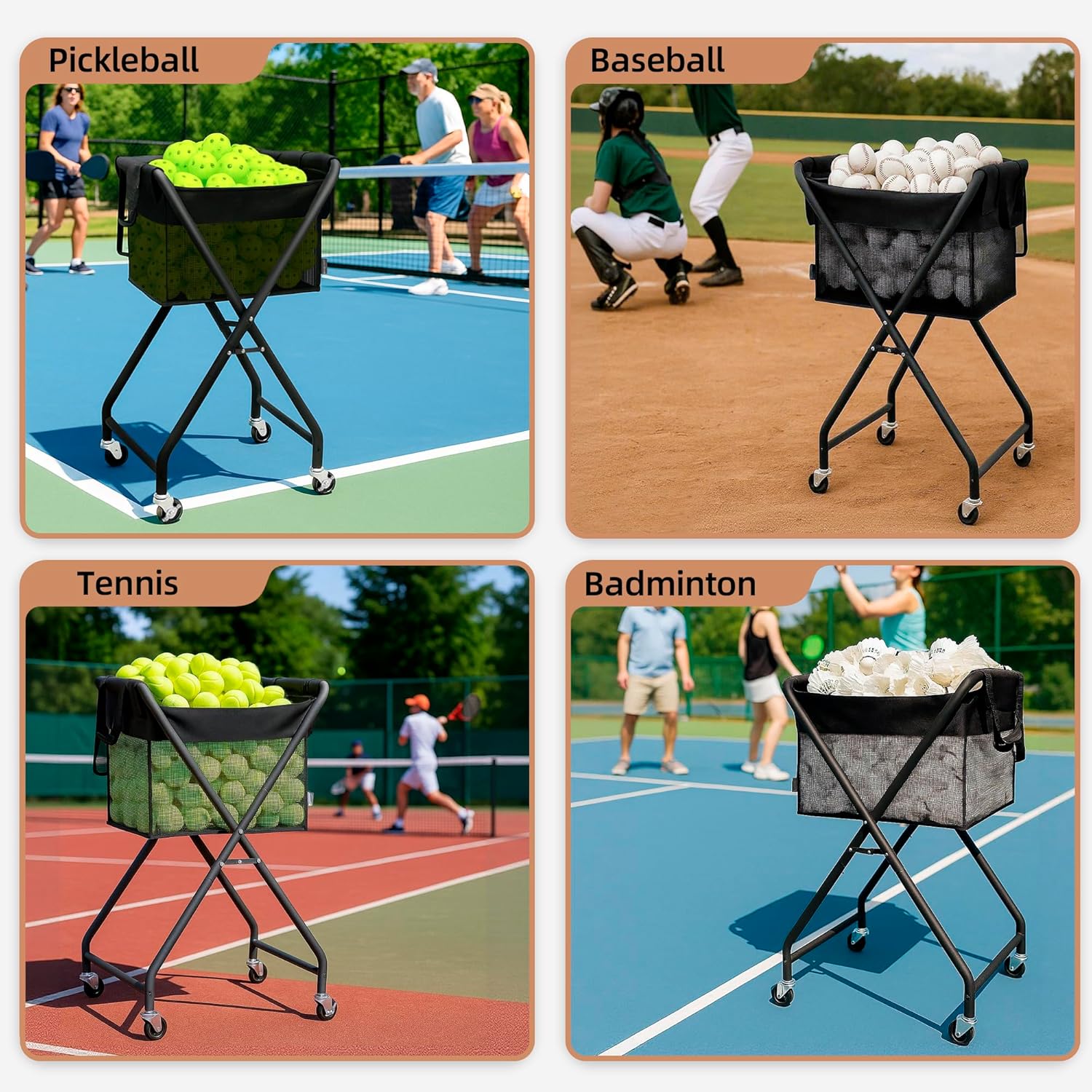 STORAGE MANIAC Foldable Tennis Ball Hopper Cart with Removable Ball Bag | Oxford & PVC Liner with Steel Frame, Holds 150 Balls, Portable Rolling Pickleball Training Cart, 20.7"L x 17.9"W x 35.8"H - Image 7