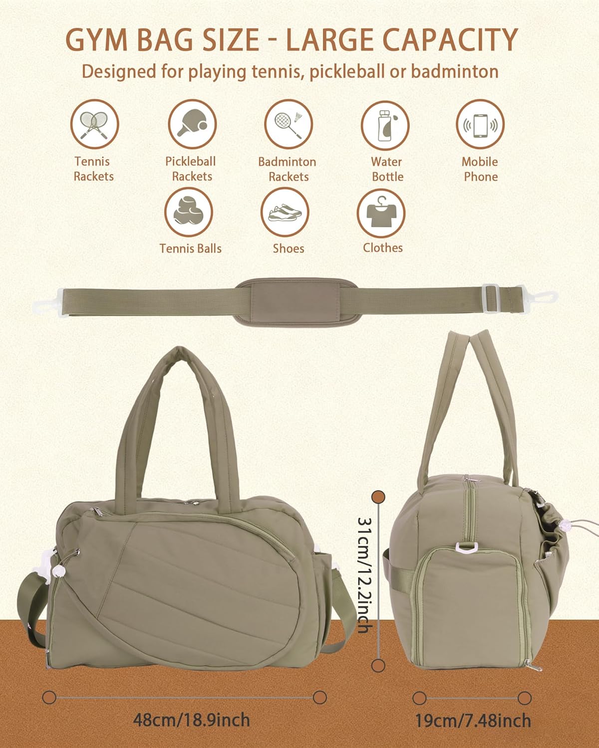 Roomy Tennis Gym Bag for Women - Tennis Tote Holds 2 Rackets, Shoe Compartment&Wet Pocket, Lightweight Sports Duffle, Fits 15.6" Laptop, Overnight Weekend Bag with Shoulder - Image 3