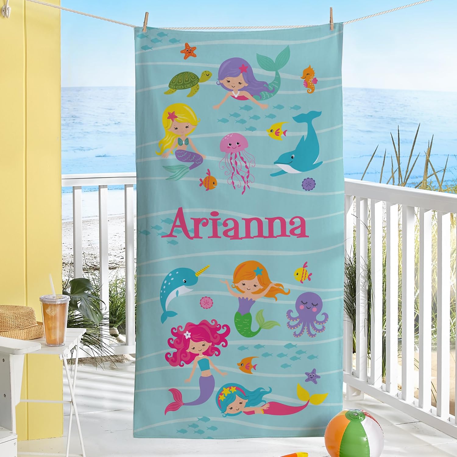 Let's Make Memories Personalized Beach Towel for Kids - Custom Towel for Pool Vacation Spring Break Camp Cruise - 30" Wx60 L - Standard Size - Mermaid & Friends - Image 2
