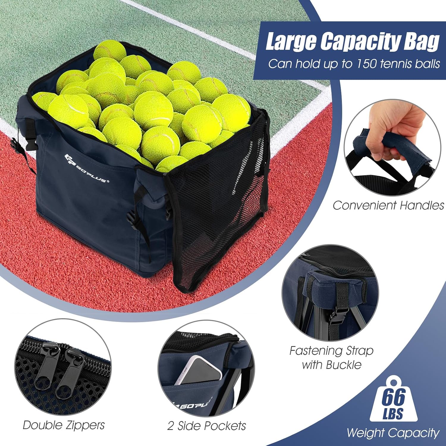 Goplus Foldable Tennis Ball Hoppers, Lightweight Aluminum Tennis Ball Basket with Wheels, Removable Bag, Side Pockets, Carry Bag, Portable Sports Teaching Cart Holds 150 Tennis Balls (Blue) … - Image 4