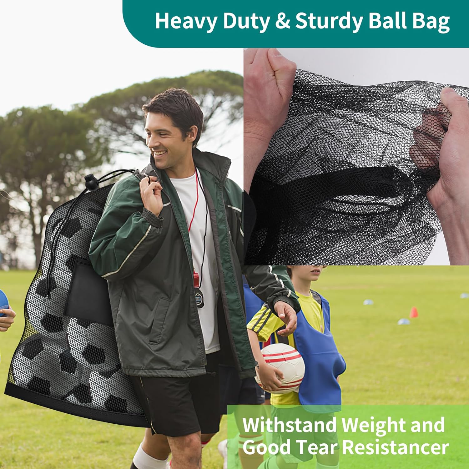 Extra Large Soccer Ball Bag, 40" x 30" Drawstring Mesh Ball Bag with Pocket, Heavy Duty Sport Net Sack for Coaches, Storage Bag for Basketball, Volleyball, Gym Equipment, Swimming Gear - Image 3