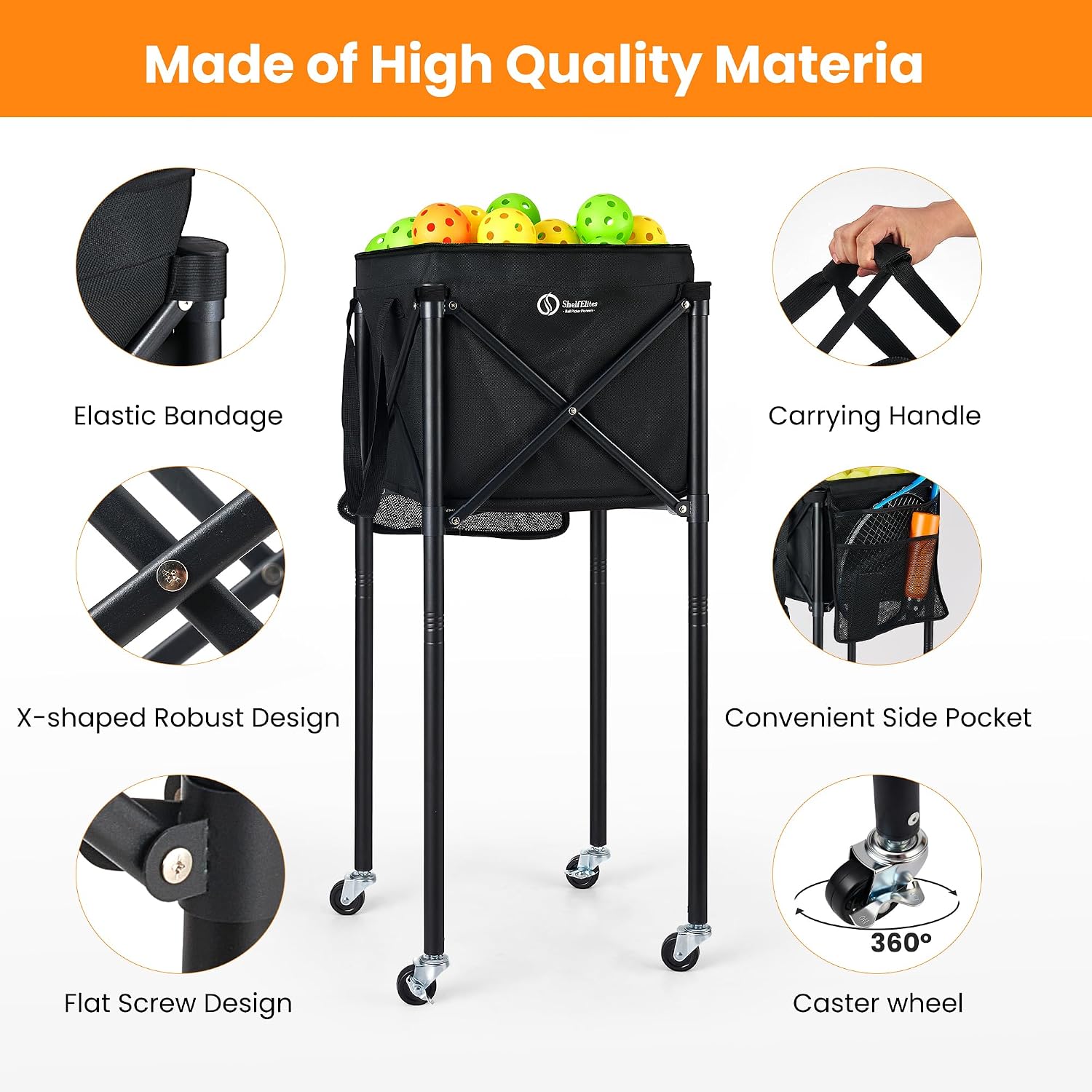 Portable Tennis Ball Hopper & Pickleball Basket, Foldable Tennis Ball Cart with Storage Bag, Multi-Sport Ball Collector for Training & Practice - Image 2