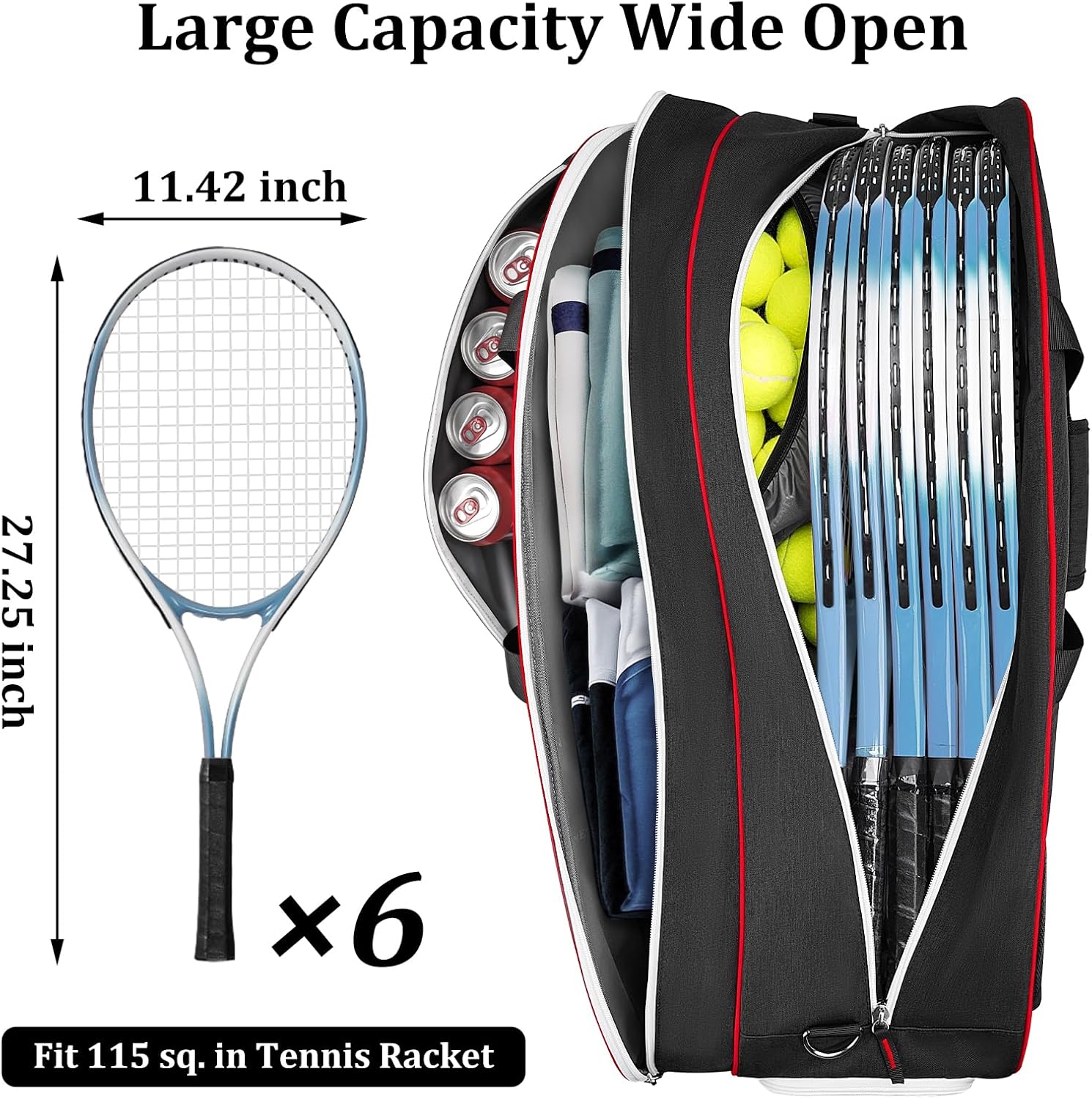 Ytonet Tennis Bag 6 Rackets, Large Tennis Racket Bag for Men Women with Insulated Pocket Shoe Compartment Water Resistant 3-Ways Carry Padded Badminton Cover for Pro/Team/Familiy Training, Black - Image 2