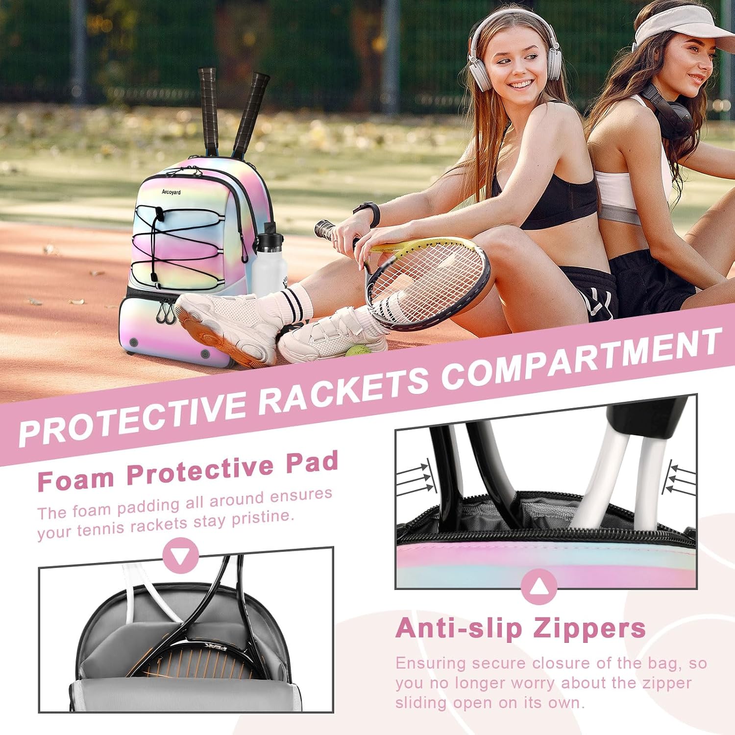 Arcoyard Tennis Bag Holds 2 Rackets, Professional Tennis Bags for Women, Tennis Backpack with Ventilated Shoe Compartment - Image 4