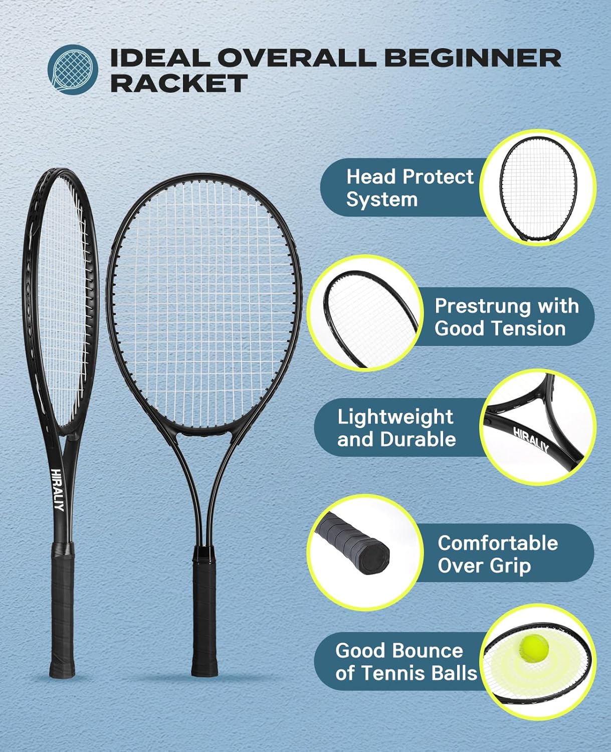 HIRALIY Tennis Rackets 2 Pack for Adults Beginners - 27 Inch Lightweight Aluminum Tennis Racquet Set with 3 Balls & Carry Bag - Vibration Dampening & Large Sweet Spot for Men Women Couples - Image 4