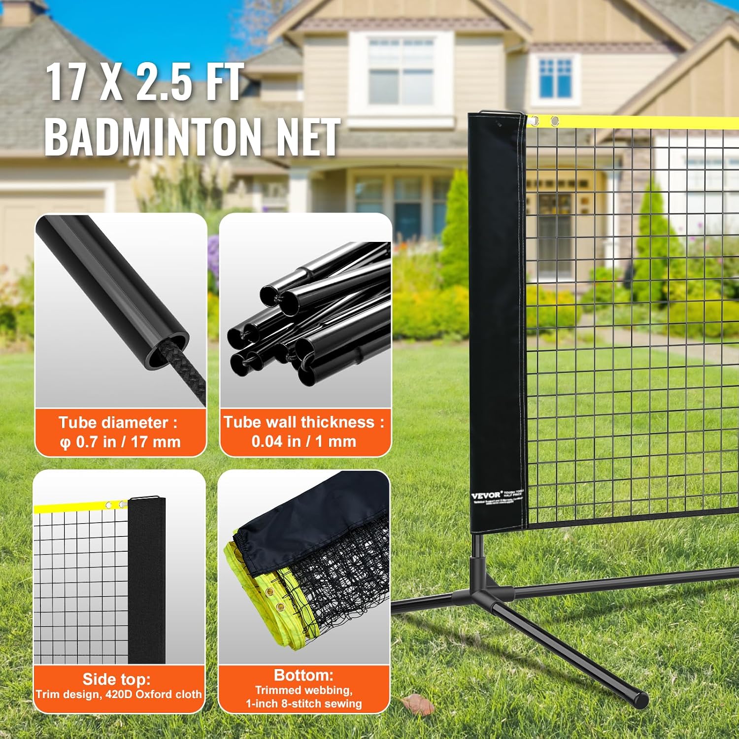 VEVOR Badminton Net, Height Adjustable Volleyball Net, Wide Foldable Pickleball Net, Portable Easy Setup Tennis Net Set with Poles, Stand and Carry Bag, for Kids Backyard Game Indoor Outdoor Use - Image 4