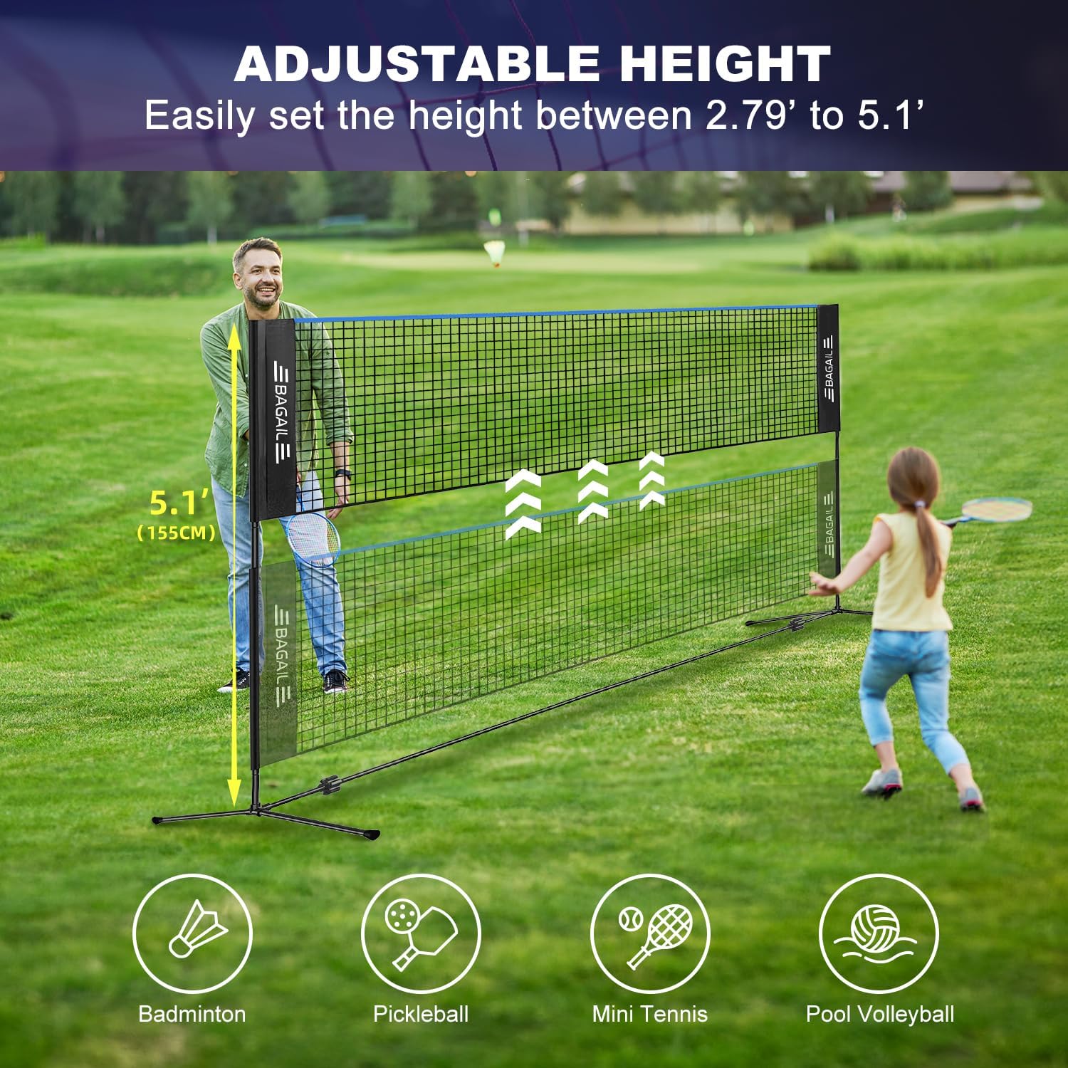 BAGAIL Badminton Net, Height Adjustable Kids Volleyball Net, Foldable Nylon Net 10 ft/14ft/17ft Wide, Tennis Net, Small Pickleball Net for Backyard Game and Indoor Outdoor Use, Easy Setup - Image 2