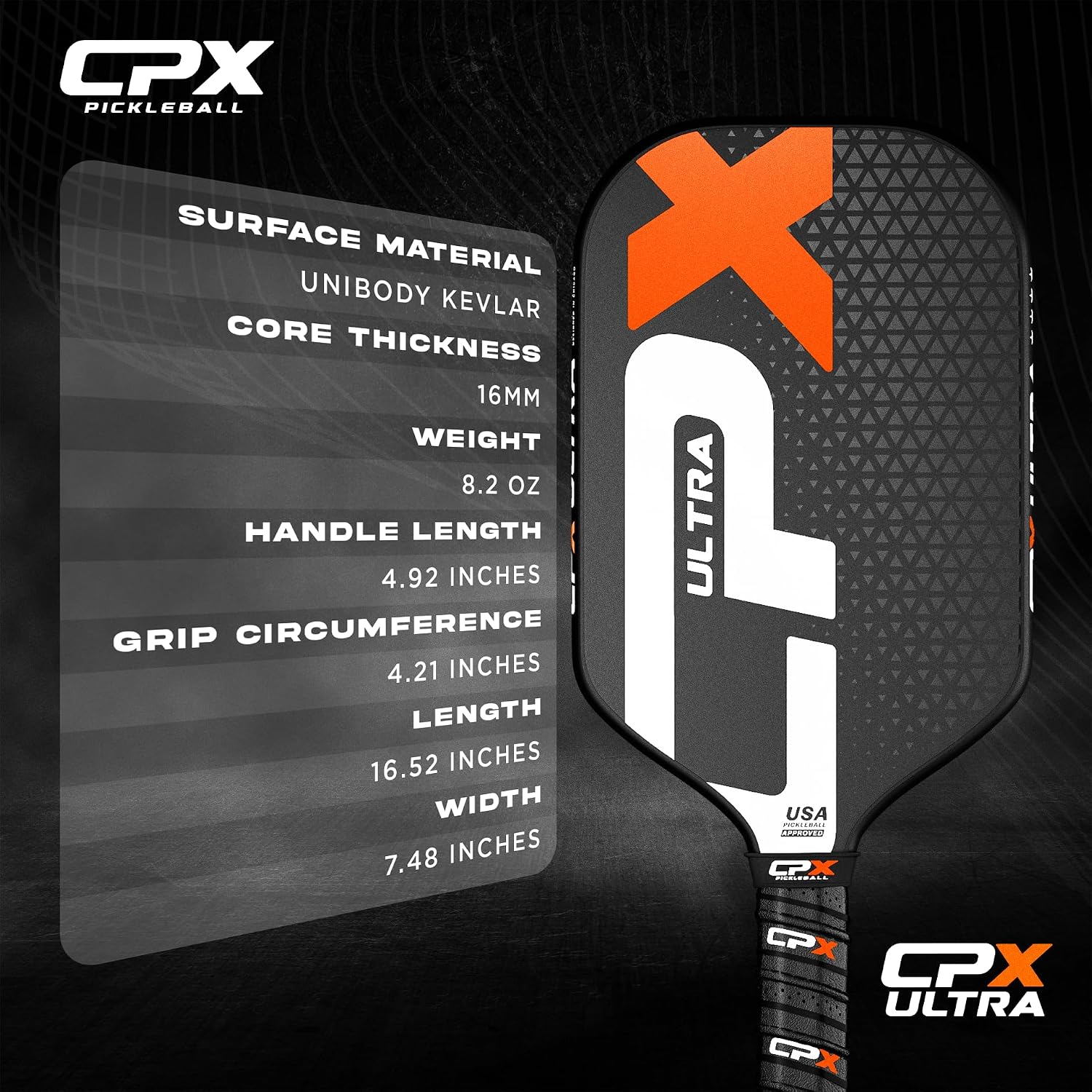 CPX Ultra Series Fiber-Reinforced Friction Surface Pickleball Paddle - 16mm Polypropylene Honeycomb Core, Lightweight for Speed - Image 3