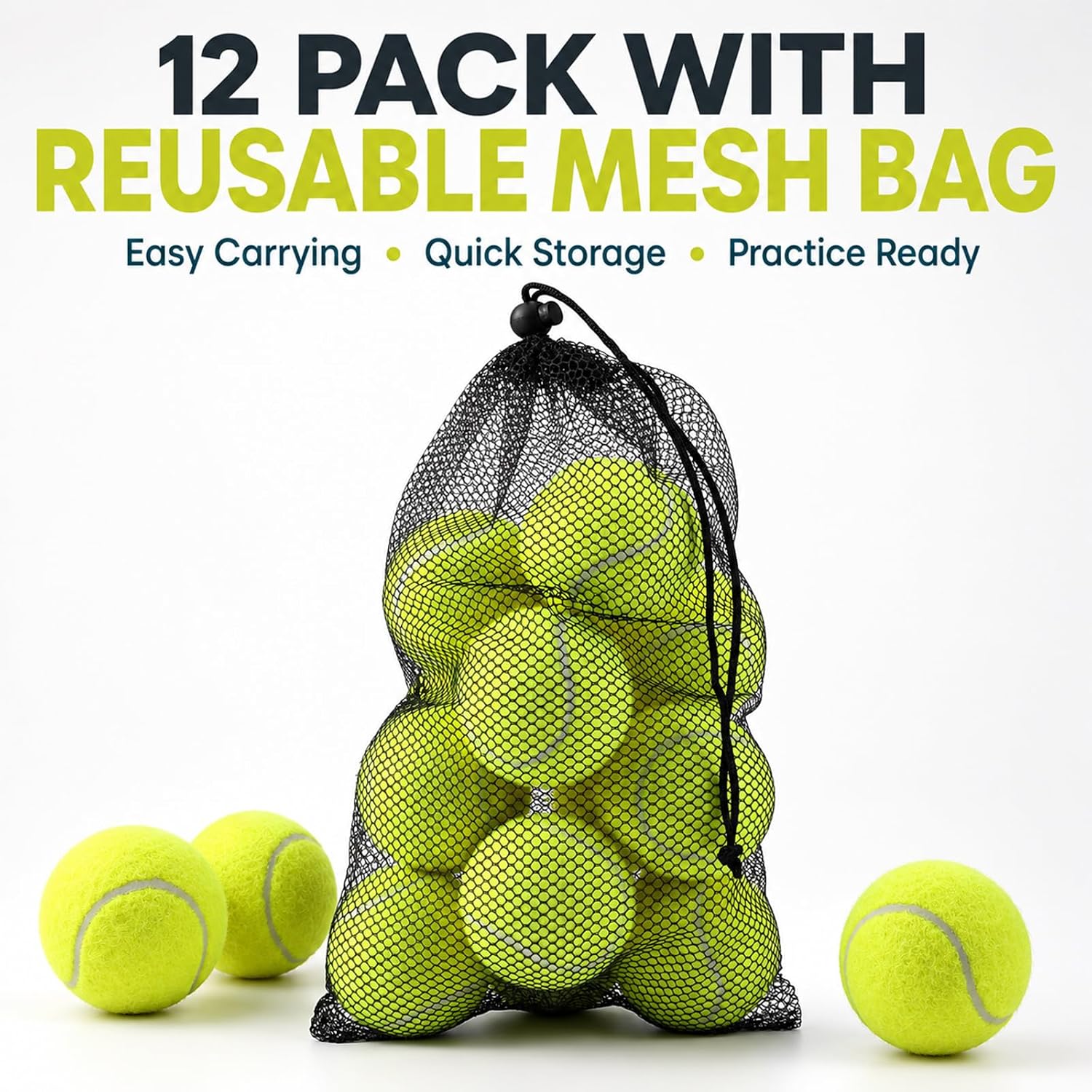 INSUM Bulk Tennis Balls, 12 Pack Extra Duty Practice Balls with Mesh Bag | High Bounce Rubber Core, Soft Felt, Beginner Practice, Dog Fetch Training, Outdoor Play - Image 2