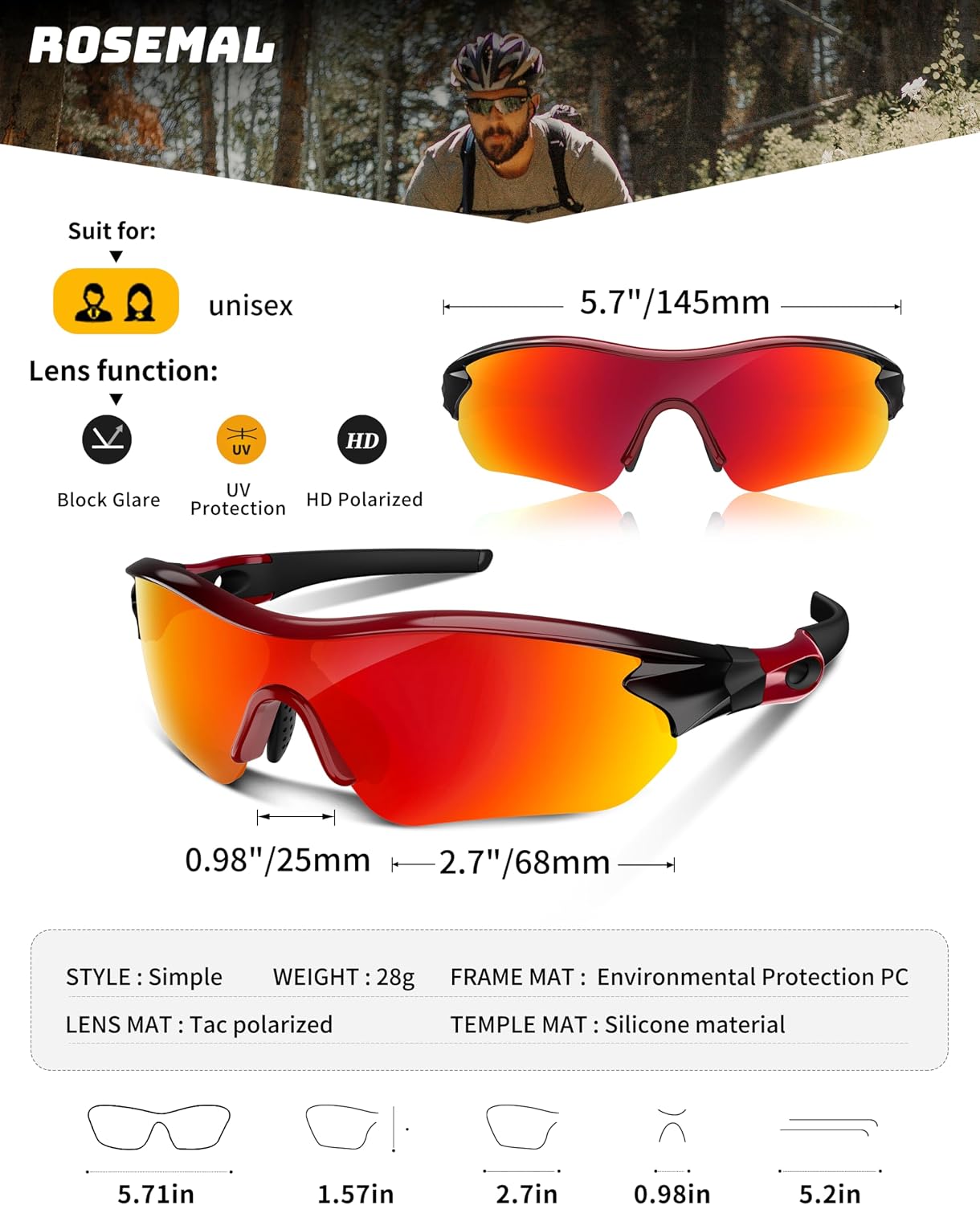 Rosemal Sunglasses Men Polarized Sports UV400 Protection TR90 Frame for Running Cycling Baseball Golf - Image 2