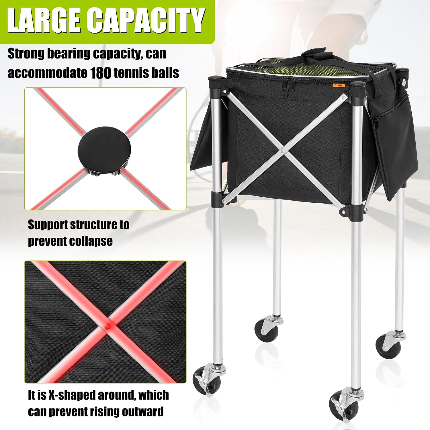 Foldable Tennis Ball Cart Holds 180 Balls Wheeled Tennis Ball Hopper Sports Teaching Carts with Storage Bag, Light Auminum Alloy - Image 3