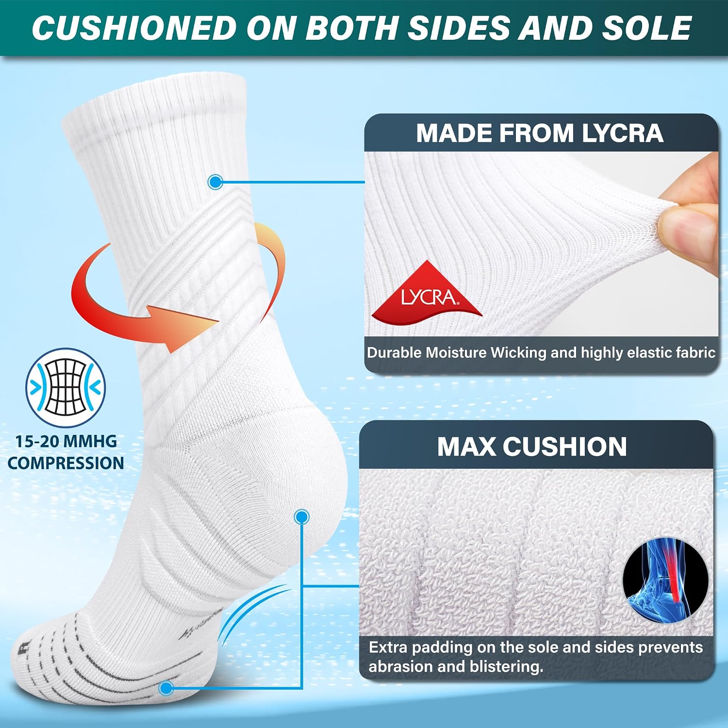 Hylaea Compression Running Socks for men, Coolmax Anti-Blister Cushion Crew Socks for Athletic, Moisture Wicking & Seamless - Image 2
