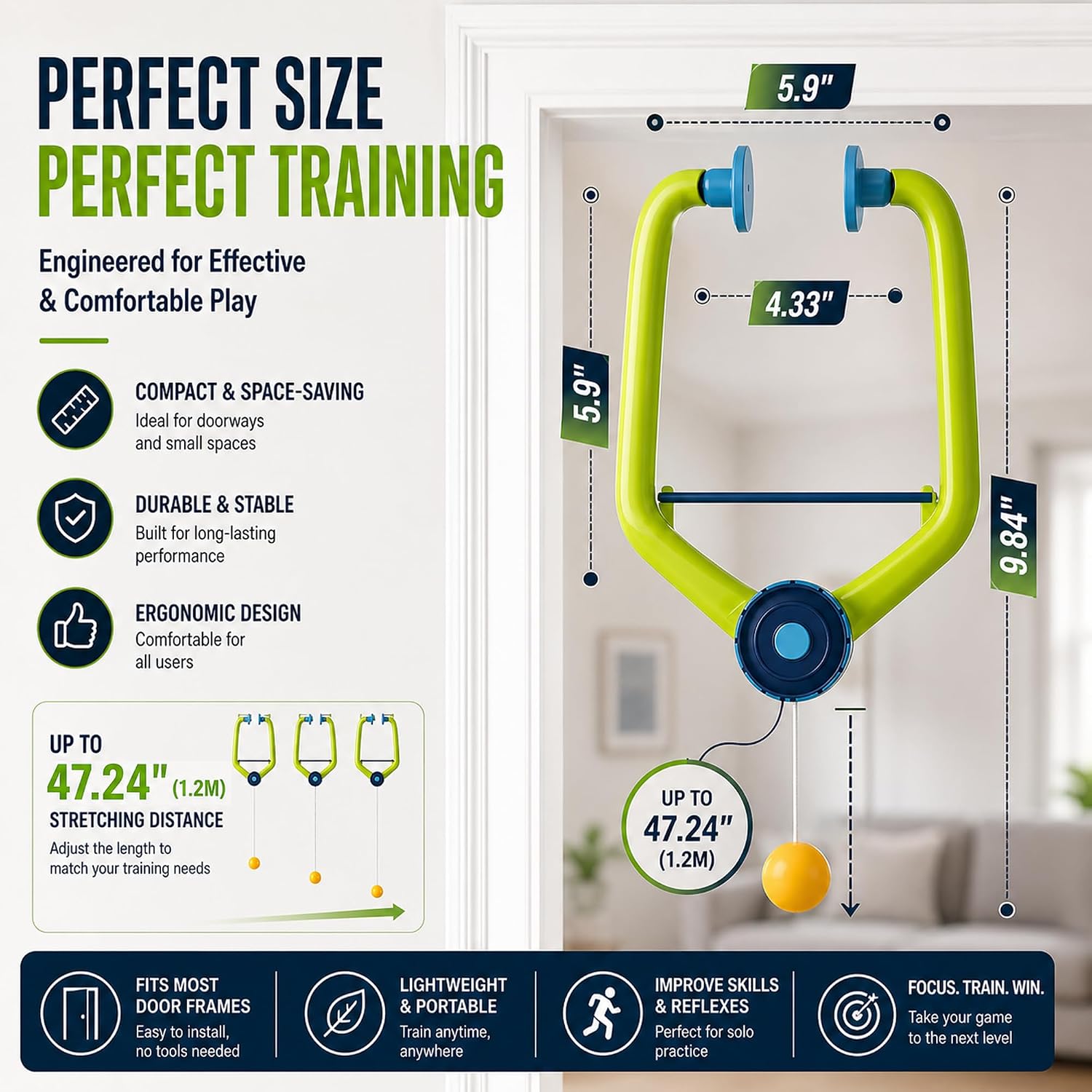 Hanging Table Tennis Trainer Portable Set, 1 Pcs Trainer 6 Balls Door Pong Game for Kids with Racket and Balls, Adjustable Hanging Table Tennis Trainer - Image 9