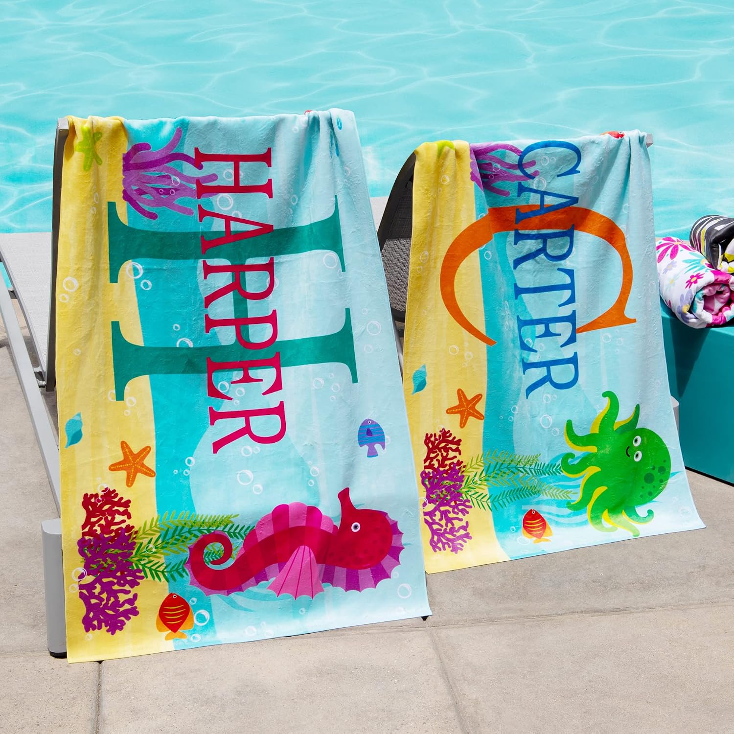 Let's Make Memories Personalized Kids Beach Towel - Custom Monogram & Name with Fun Beach Designs - Soft Cotton/Poly Blend - 60"x30" - Name and Initial Monogram - Standard Size - Crab - Image 3