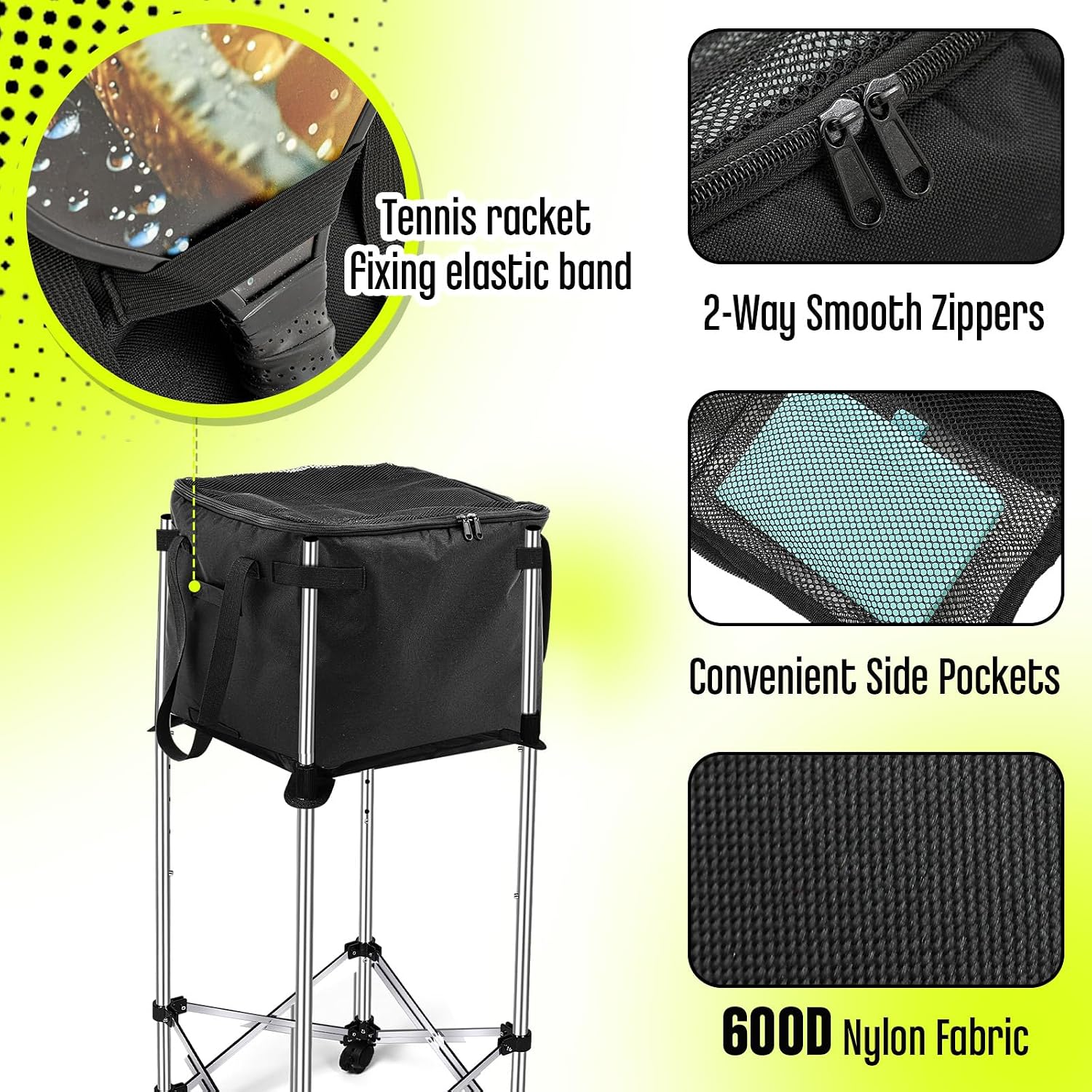 Aliceset Tennis Balls Hopper Tennis Ball Basket Picker Hopper Container with Side Pockets Lightweight Teaching Cart Bag for Picking and Storage Training Tool for Ball, Frame Not Included - Image 3