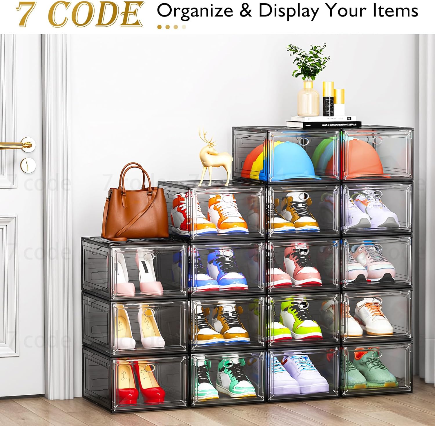 7 code Thicken & Sturdy Clear Shoe Storage Organizer with Magnetic Door, Stackable Boxes for Closet, Foldable Shoe Rack for Sneaker Boot Container, Plastic Shoe Cabinet Shoe Box 6 Pack, Black - Image 4