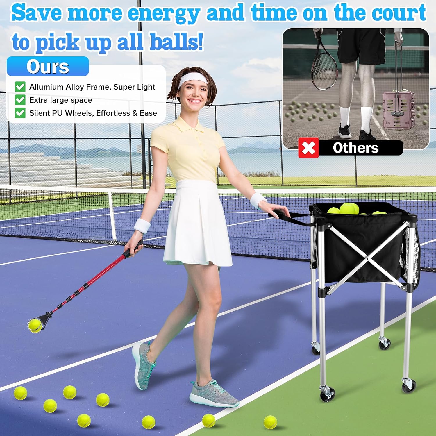 Angooni Professional Tennis Cart with Silent PU Wheels - 2 Capacity Choices (150/240 Balls) - Sturdy, Lightweight & Portable Storage for Practice and Matches - Image 5