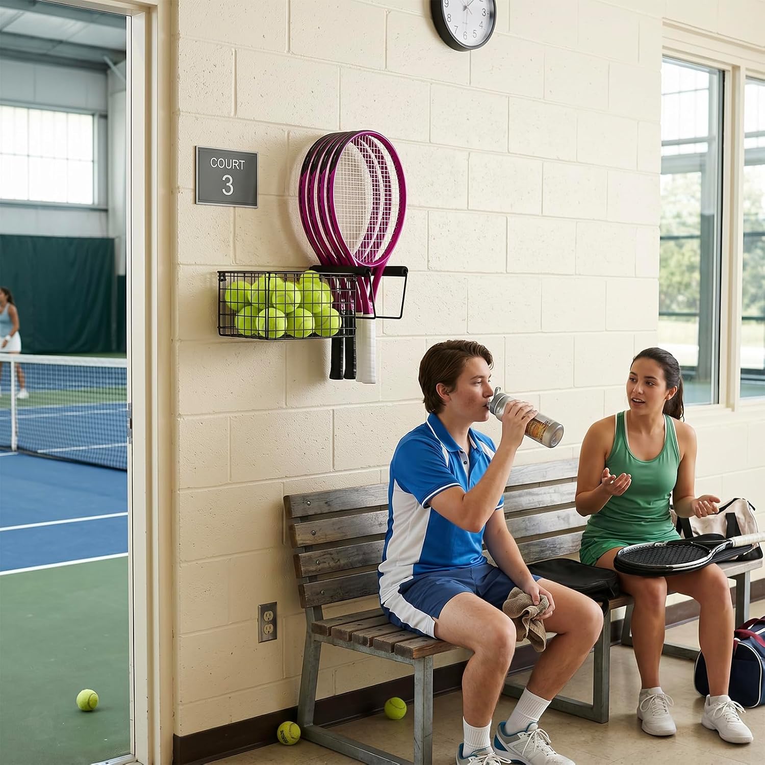 MyGift Hanging Metal Tennis Racquet and Tennis Ball Storage Basket Rack, Wall Mounted Racket Holder - Image 4