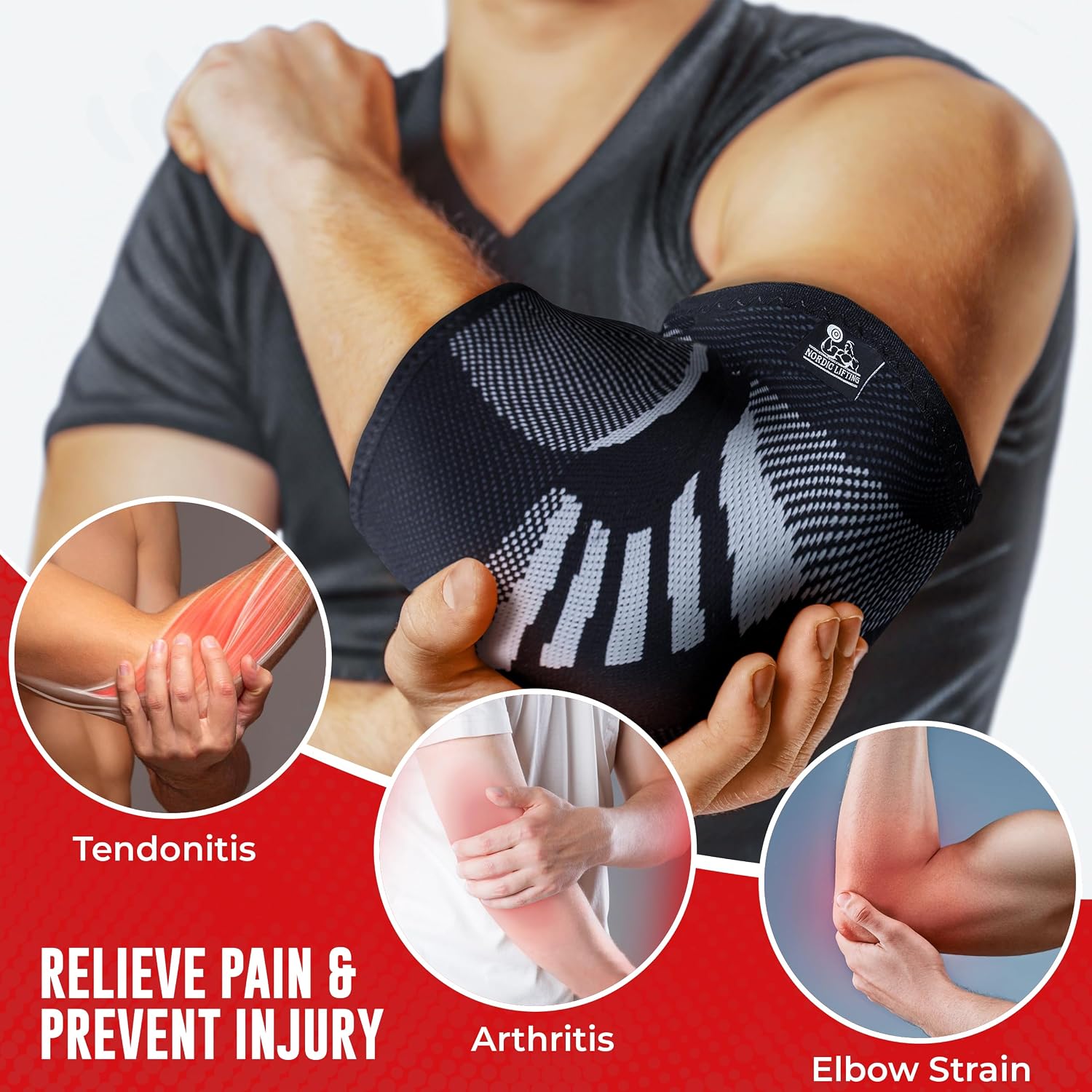 Nordic Lifting Elbow Compression Sleeves (1 Pair) - Elbow Brace for Tendonitis, Tennis & Golfers Elbow - Weightlifting Support for Men & Women - Pain Relief & Joint Recovery - Image 6