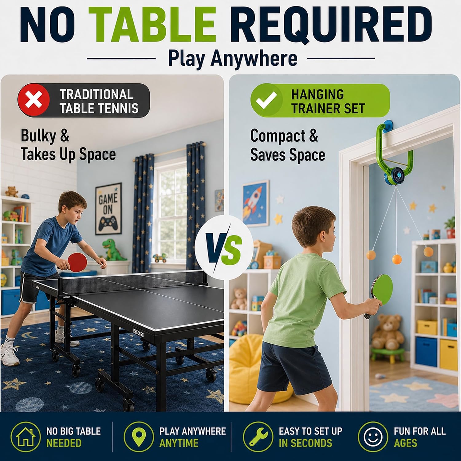 Hanging Table Tennis Trainer Portable Set, 1 Pcs Trainer 6 Balls Door Pong Game for Kids with Racket and Balls, Adjustable Hanging Table Tennis Trainer - Image 2