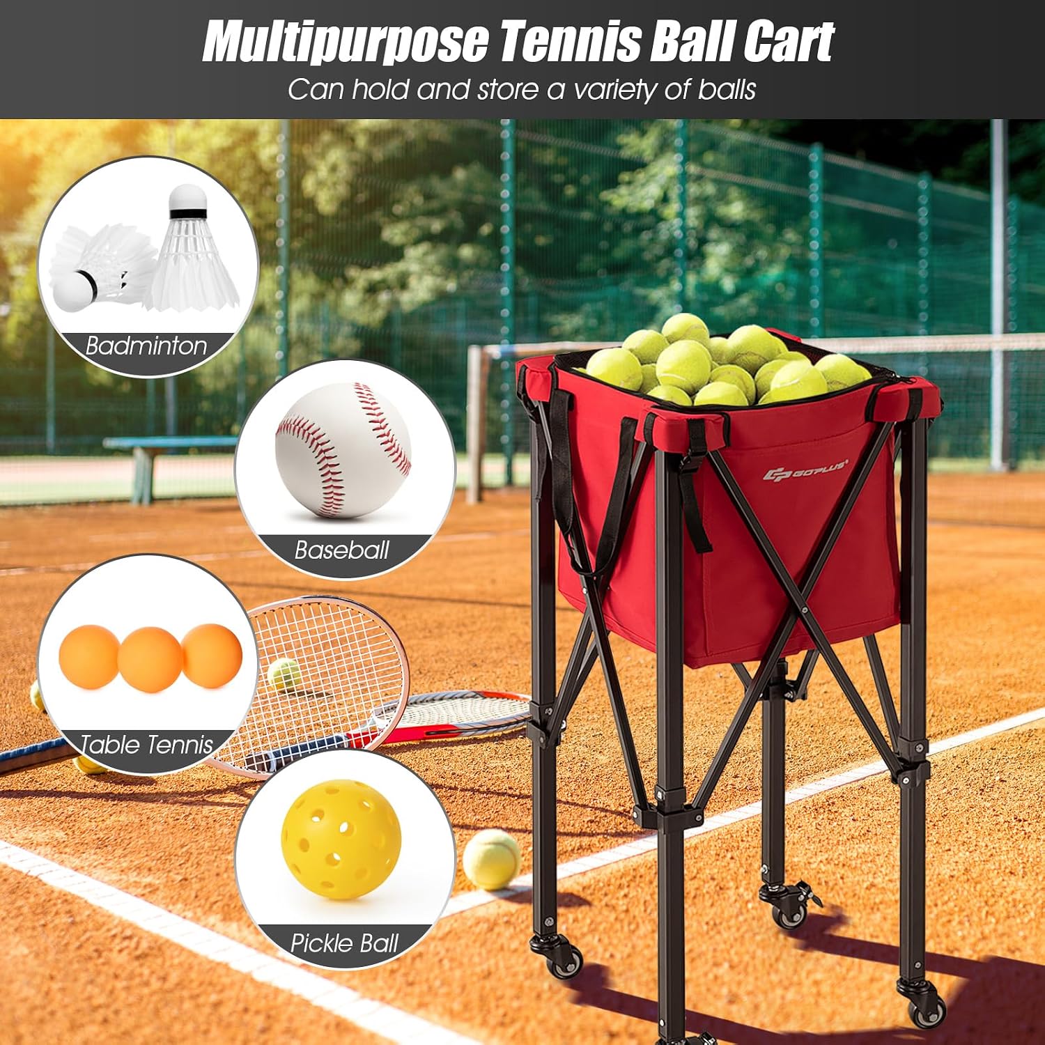 Goplus Foldable Tennis Ball Hoppers, Lightweight Aluminum Tennis Ball Basket with Wheels, Removable Bag, Side Pockets, Carry Bag, Portable Sports Teaching Cart Holds 150 Tennis Balls (Red) - Image 5