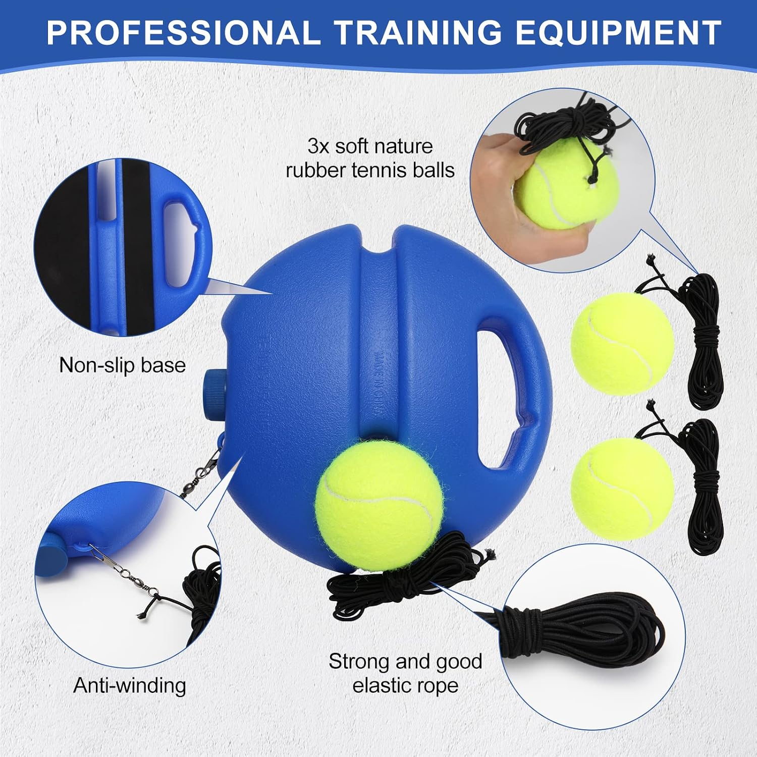 Tennis Trainer Rebound Ball for Self Practice, 3 Balls with String, Anti-Tangle Hook, Vibration Dampeners, Overgrip, Color Box - Image 2