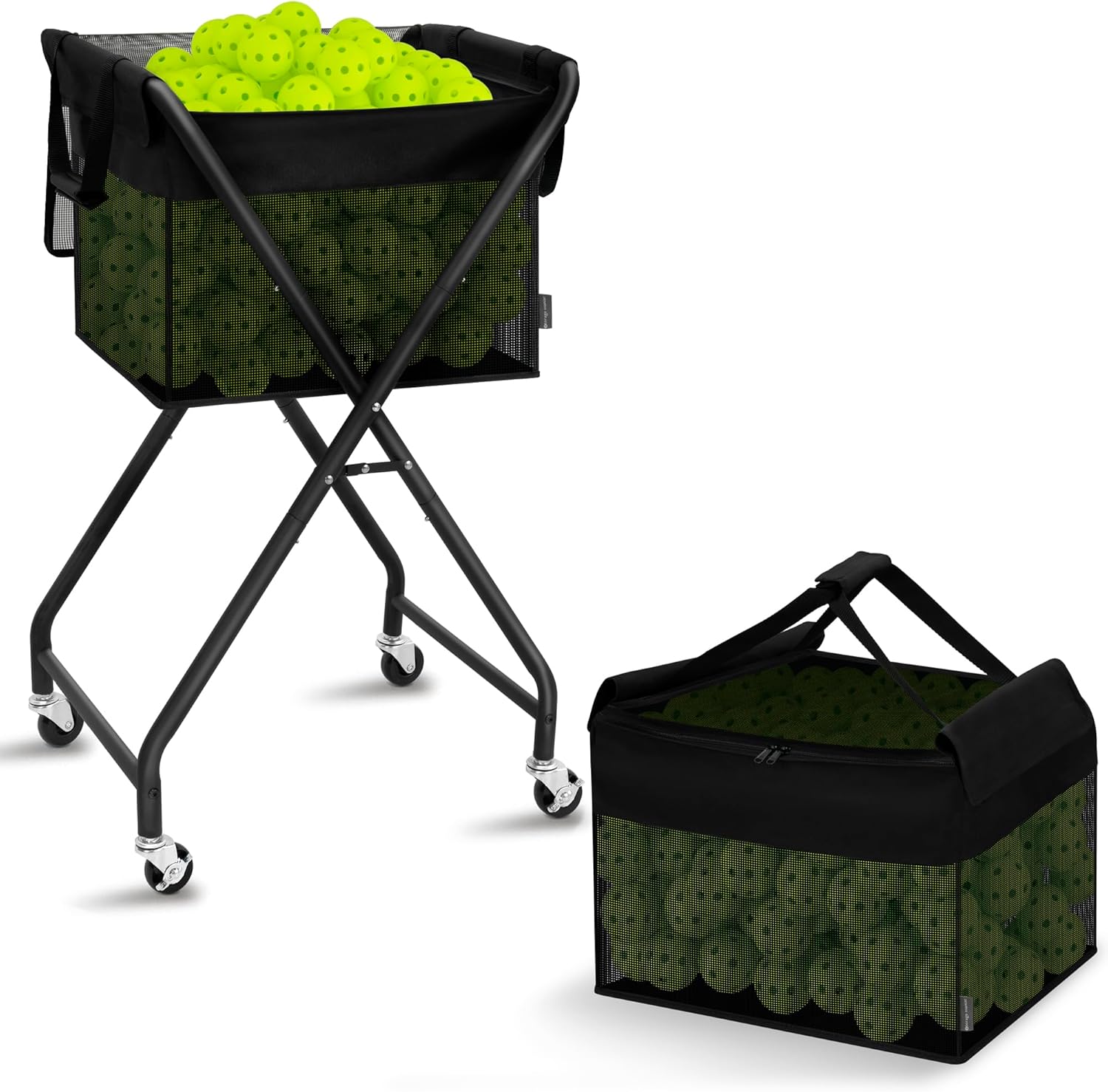 STORAGE MANIAC Foldable Tennis Ball Hopper Cart with Removable Ball Bag | Oxford & PVC Liner with Steel Frame, Holds 150 Balls, Portable Rolling Pickleball Training Cart, 20.7"L x 17.9"W x 35.8"H