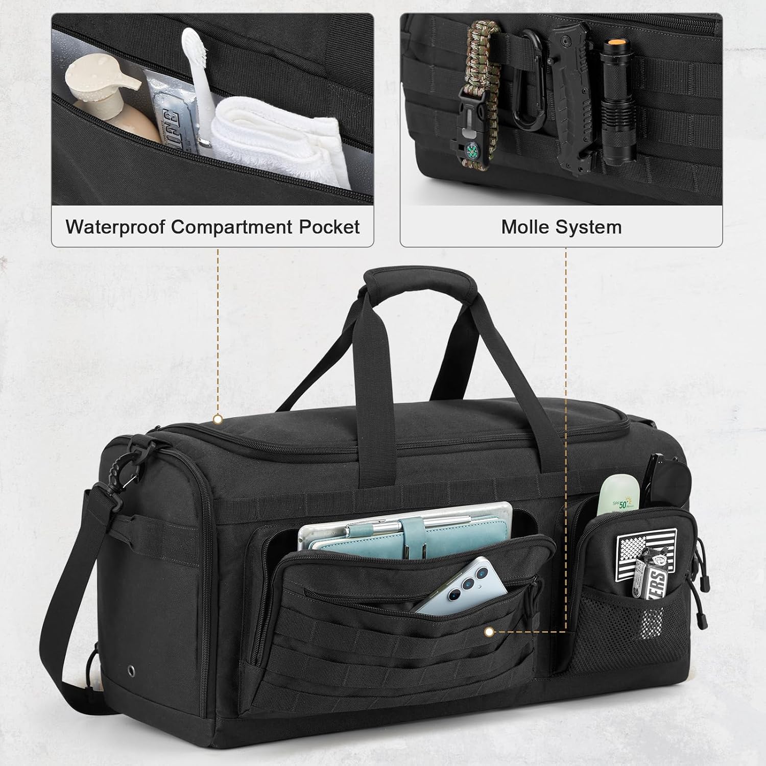 G4Free 3-in-1 Travel Duffle Bag for Men and Women, 50L Large Gym Sports Bags Tactical Military Duffle Backpack with Shoes Compartment and Wet Pocket (Black) - Image 4