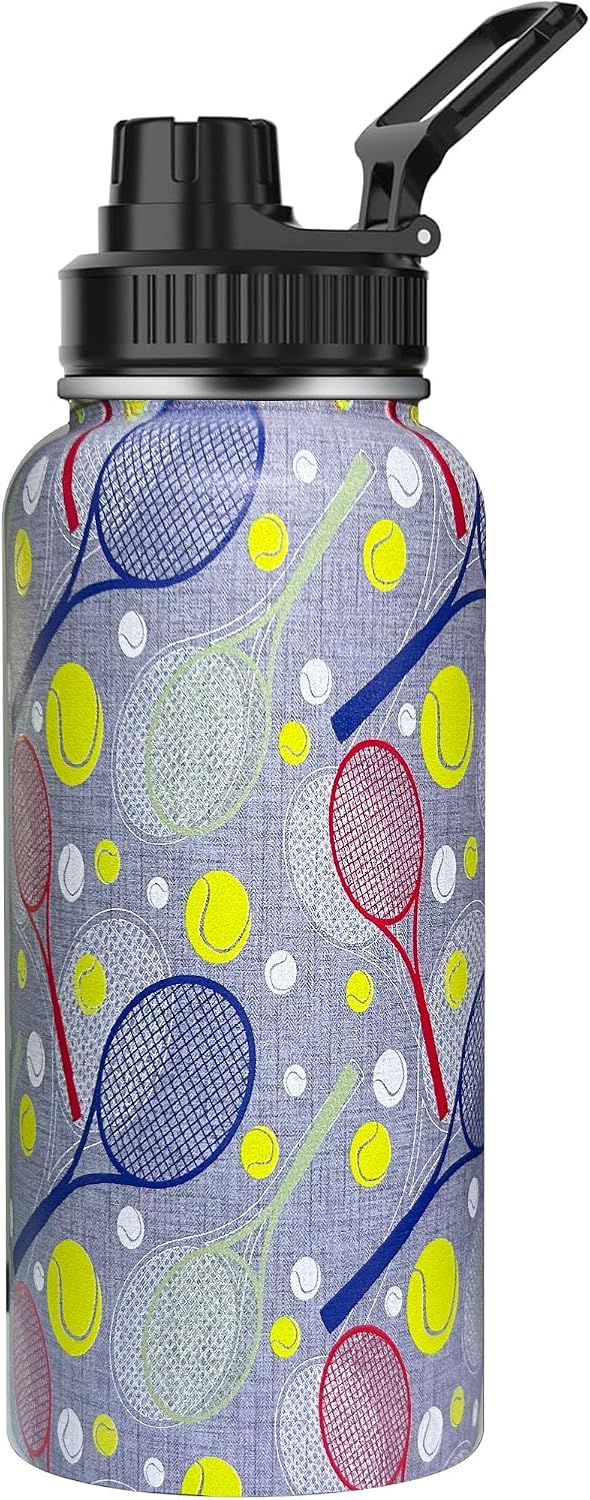 32 Oz Tennis Sports Water Bottle, 18/8 Wall Vacuum Insulated Stainless Steel Tumbler with Straw Lid & Spout Lid, Leak Proof, BPA Free